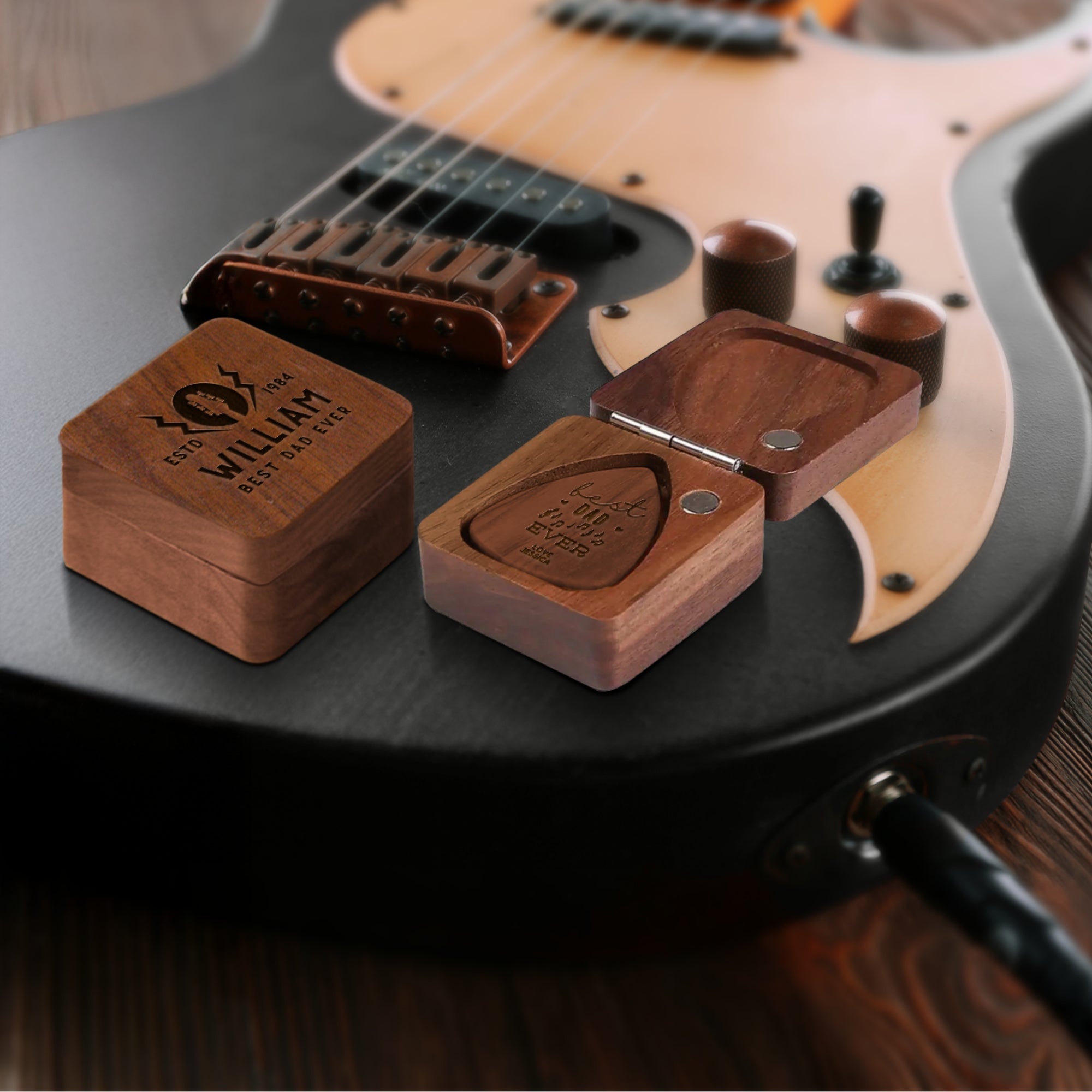 Custom Engraved Walnut Guitar Picks &amp; Engraved Keepsake Box Case Set, Personalised Logo Musicians, Teacher, Student, Wedding, Mom, Dad Gifts