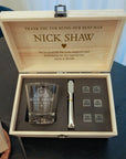 Custom Etched Whiskey Wooden Box, Rock Mountain Scotch Glass, 6 Ice Stones & Tongs, Personalised Logo Barware Set, Groomsman, Corporate Gift
