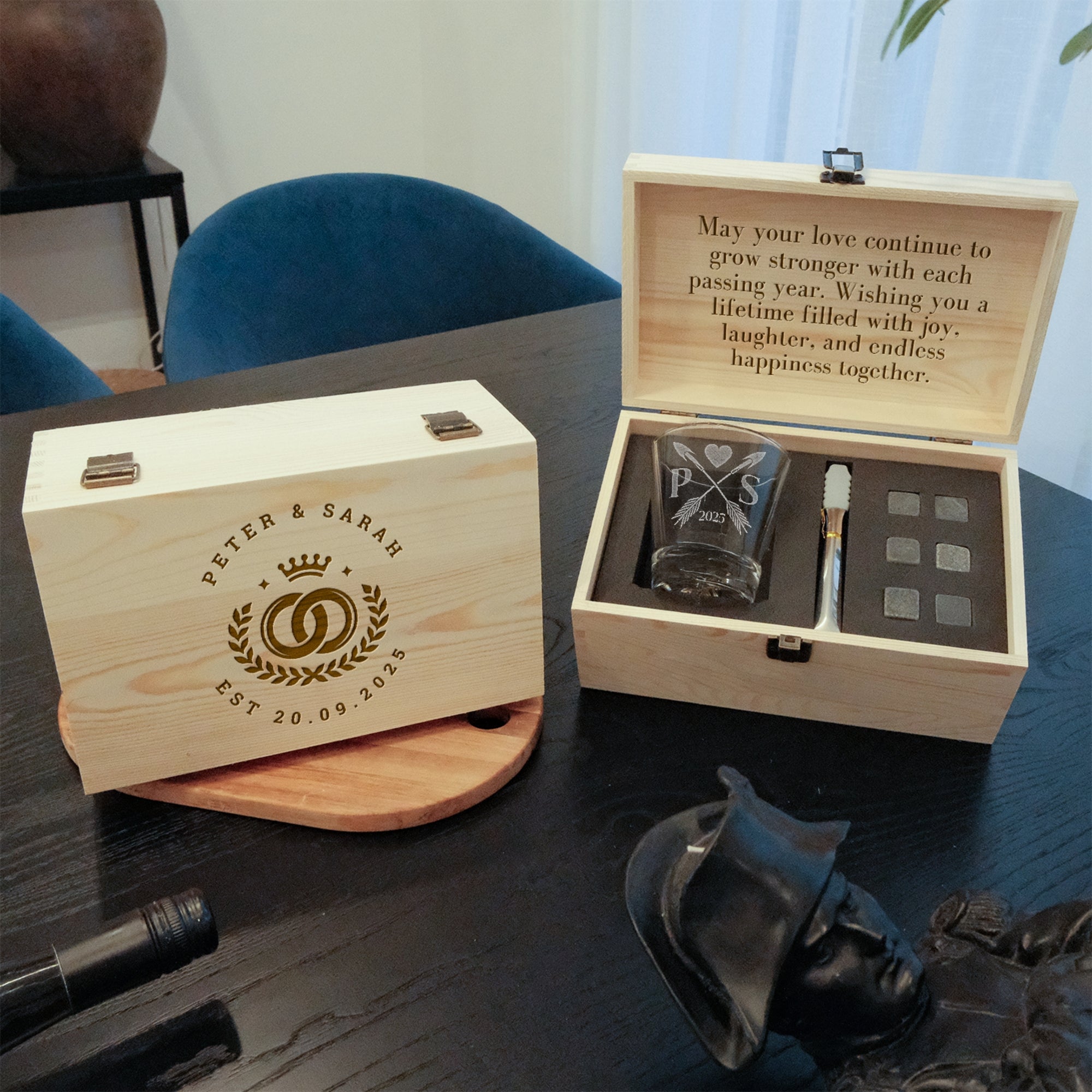 Custom Etched Whiskey Wooden Box, Rock Mountain Scotch Glass, 6 Ice Stones &amp; Tongs, Personalised Logo Barware Set, Groomsman, Corporate Gift