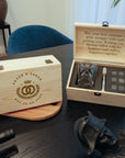 Custom Etched Whiskey Wooden Box, Rock Mountain Scotch Glass, 6 Ice Stones & Tongs, Personalised Logo Barware Set, Groomsman, Corporate Gift