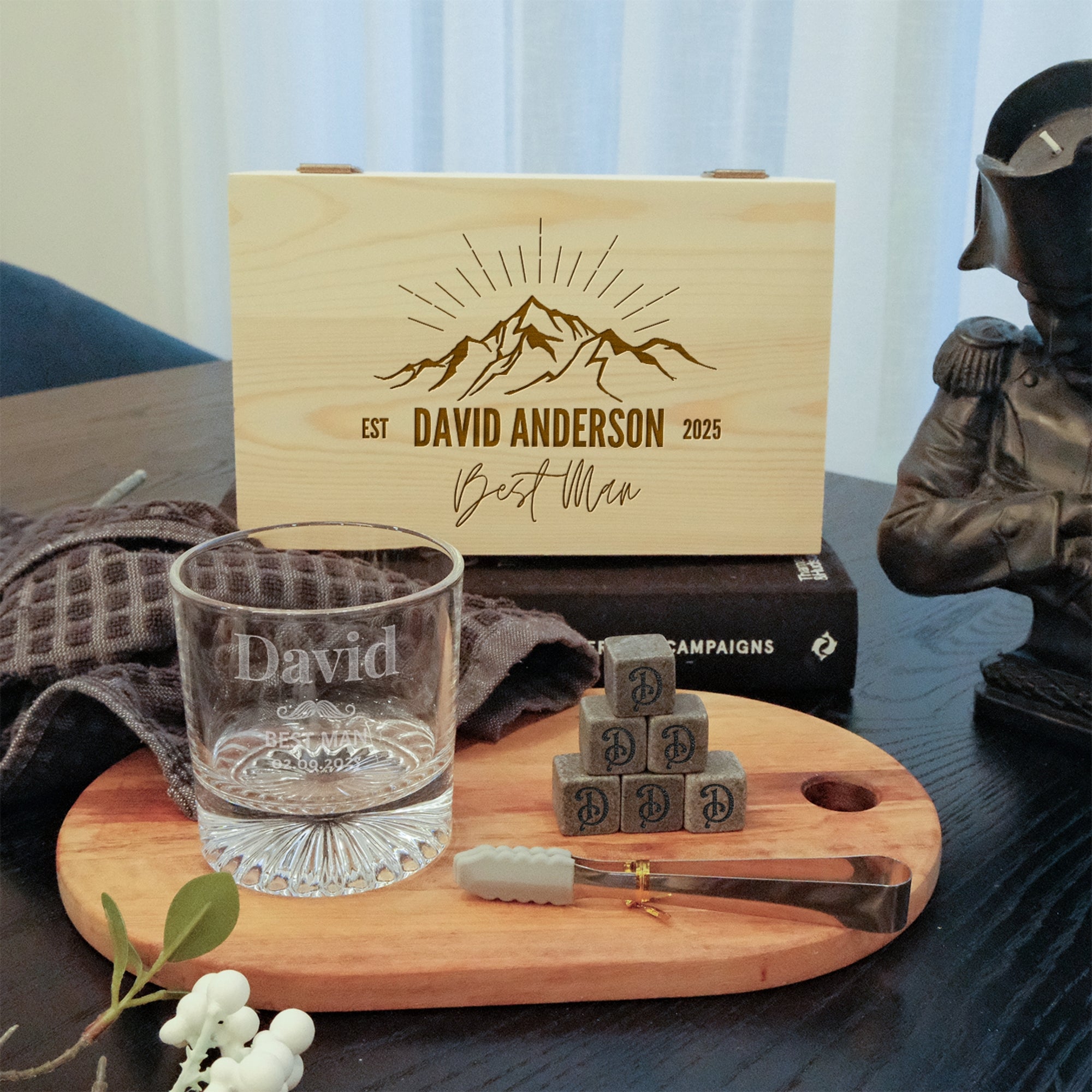 Custom Etched Whiskey Wooden Box, Round Pattern Thick Base Scotch Glass, 6 Rock Ice Stones & Tongs, Personalised Barware Set, Groomsman Gift