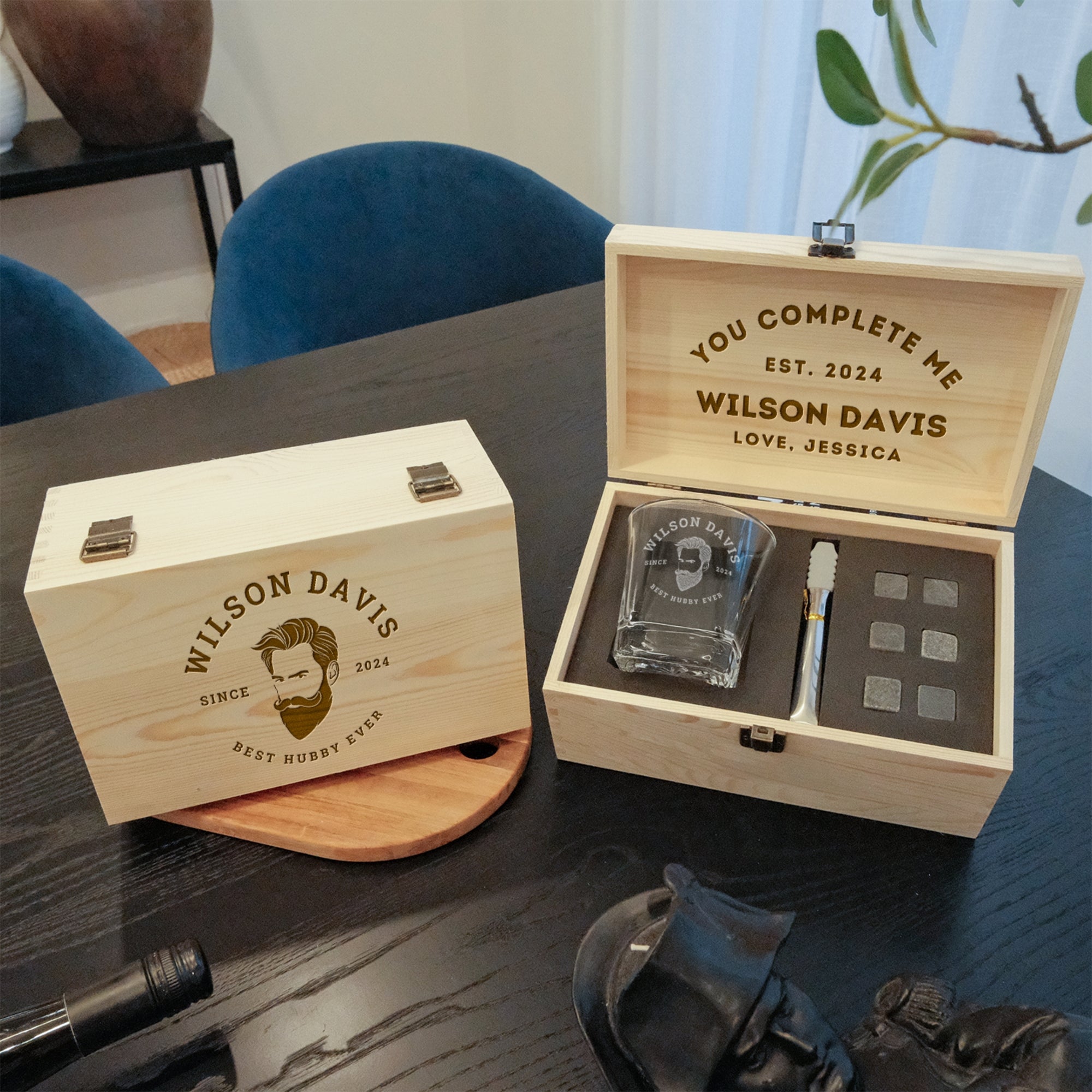 Custom Etched Whiskey Wooden Box, Star Base Scotch Glass, 6 Ice Stones & Tongs, Personalised Logo Barware Set, Groomsman Corporate Xmas Gift