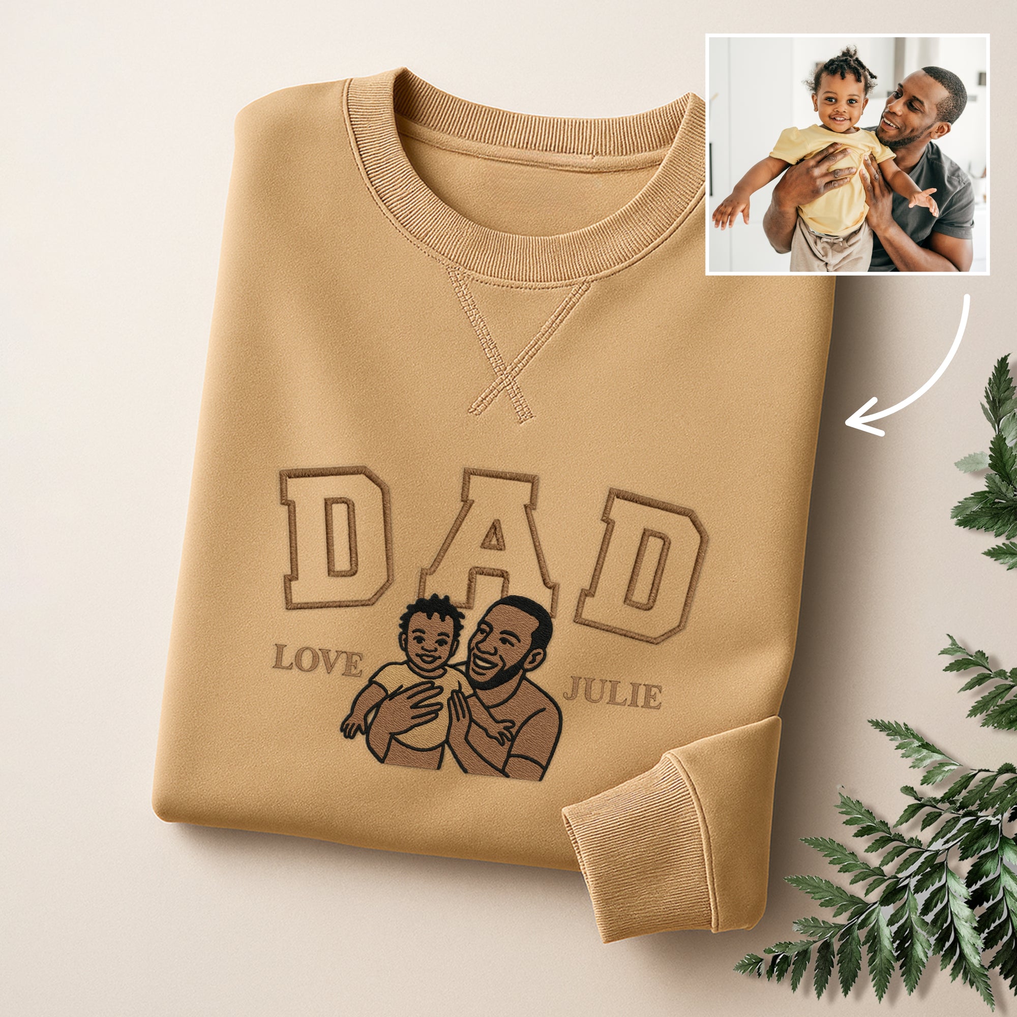 Custom Photo Embroidered Dad Sweatshirt, Personalised Family Portrait Jumper, Oversized Crewneck Name Embroidery, Father's Day, Gift for Him