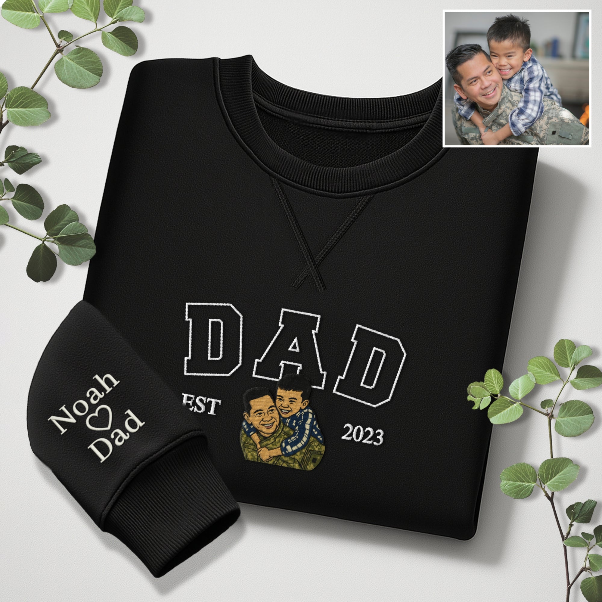 Custom Photo Embroidered Dad Sweatshirt, Personalised Family Portrait Jumper, Oversized Crewneck Name Embroidery, Father&#39;s Day, Gift for Him