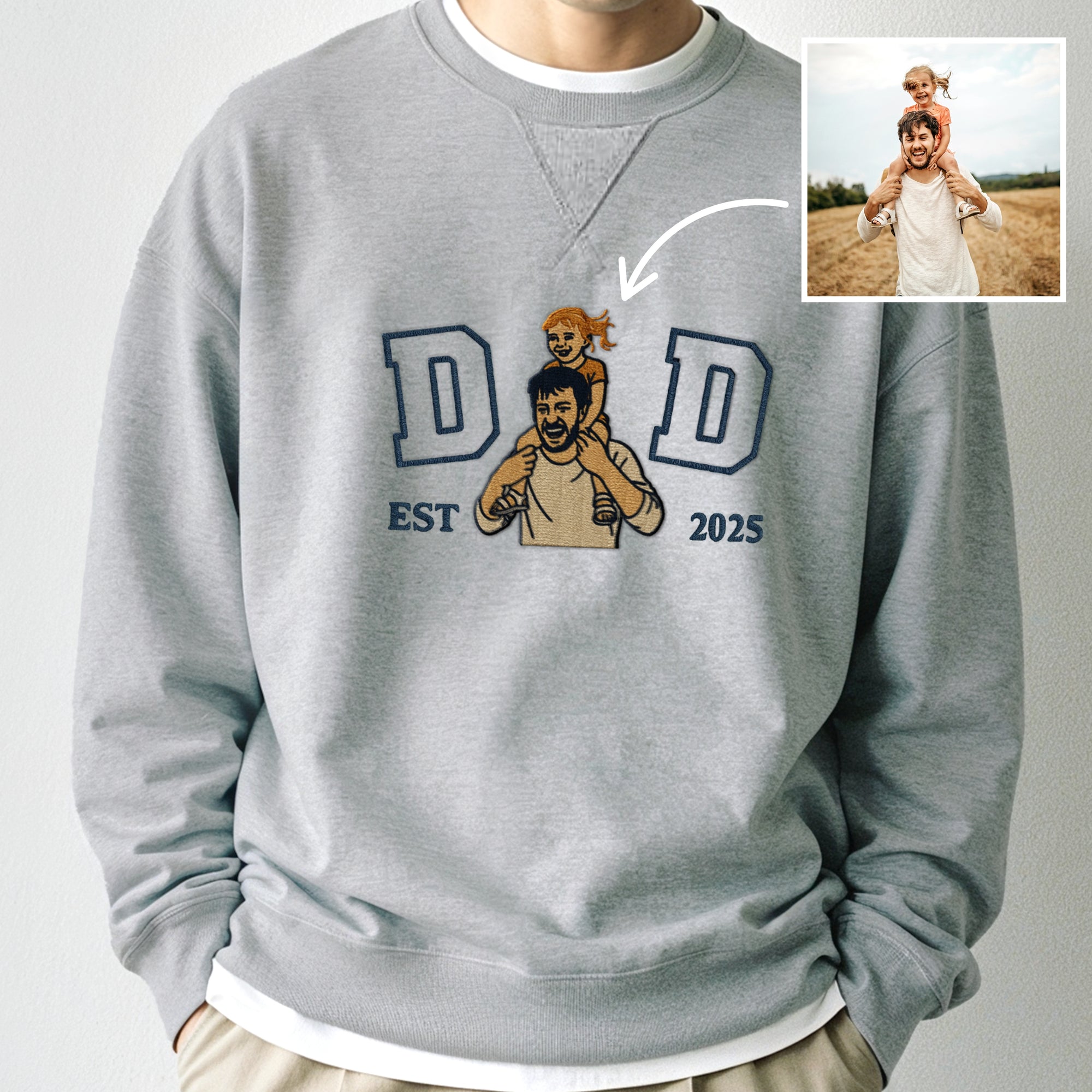Custom Photo Embroidered Dad Sweatshirt, Personalised Family Portrait Jumper, Oversized Crewneck Name Embroidery, Father's Day, Gift for Him