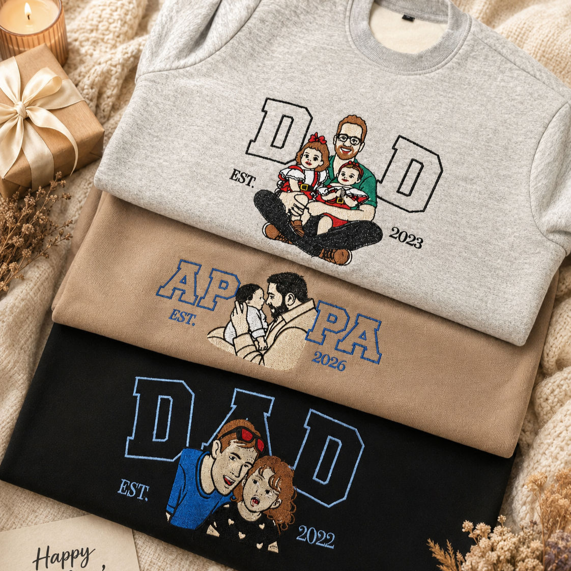 Custom Photo Embroidered Dad Sweatshirt, Personalised Family Portrait Jumper, Oversized Crewneck Name Embroidery, Father's Day, Gift for Him