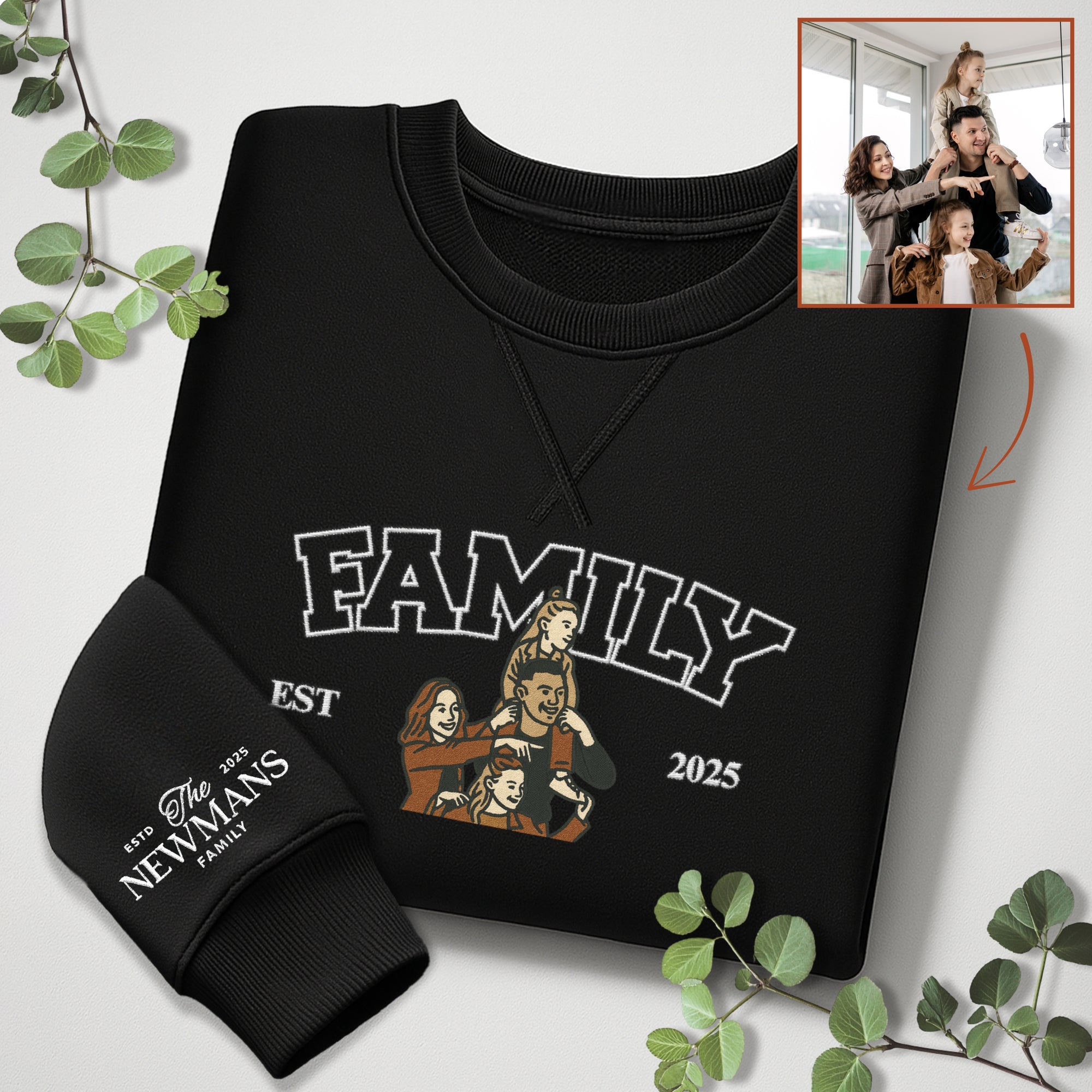 Custom Photo Embroidered Family Sweatshirt, Personalised Portrait Crewneck Jumper Oversize The Crew Name Embroidery, Christmas Birthday Gift