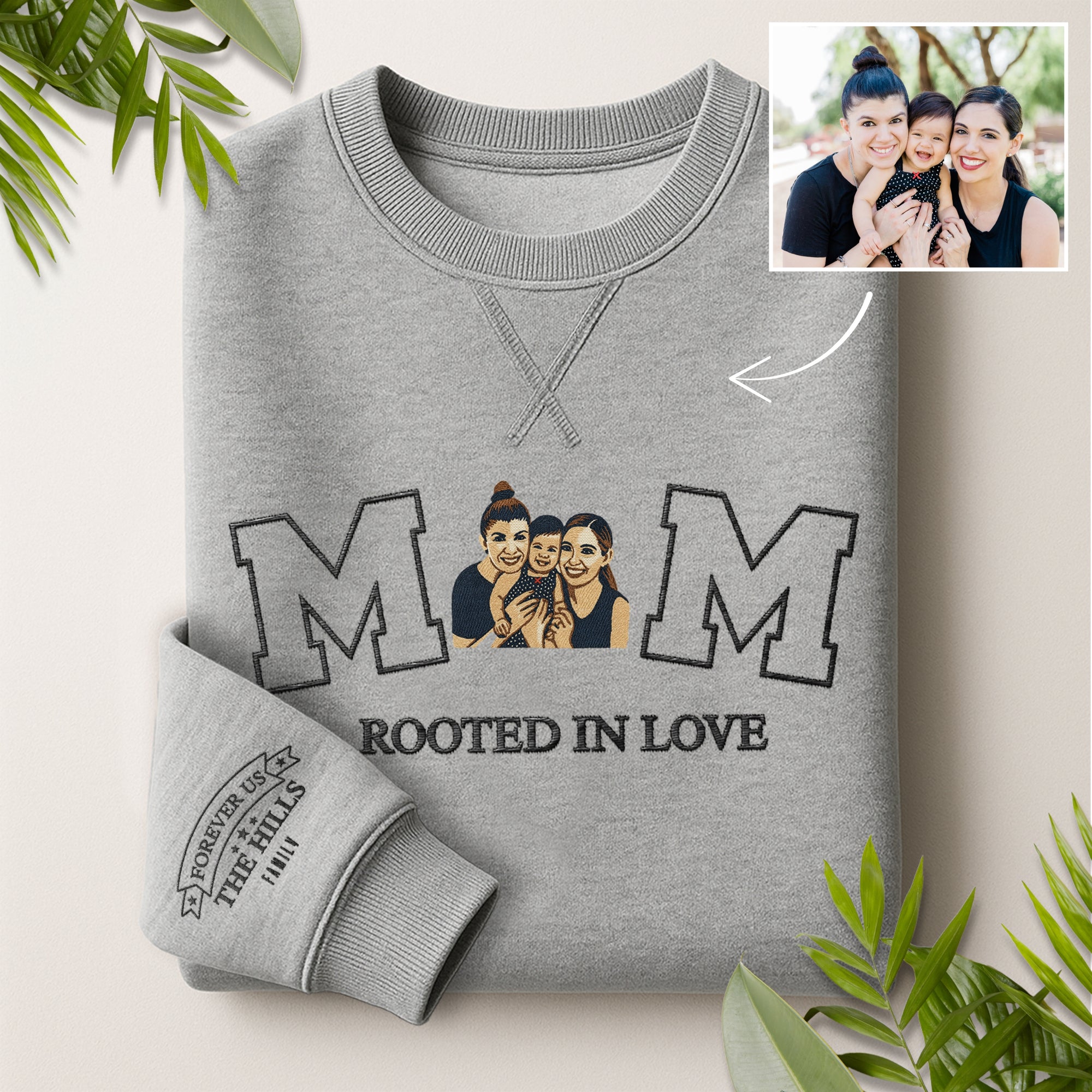 Custom Photo Embroidered Mum Sweatshirt, Personalised Family Portrait Jumper, Oversized Crewneck Name Embroidery, Mother&#39;s Day, Gift for Mom