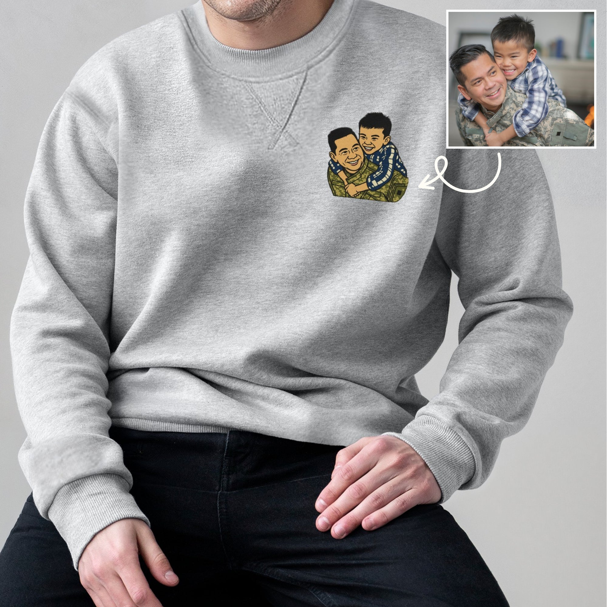 Custom Photo Embroidered Unisex Beige &amp; Brown Sweatshirt, Personalised Pet, Couple, Family Portrait Jumper, Unisex Oversized Crewneck Name Embroidery Gift