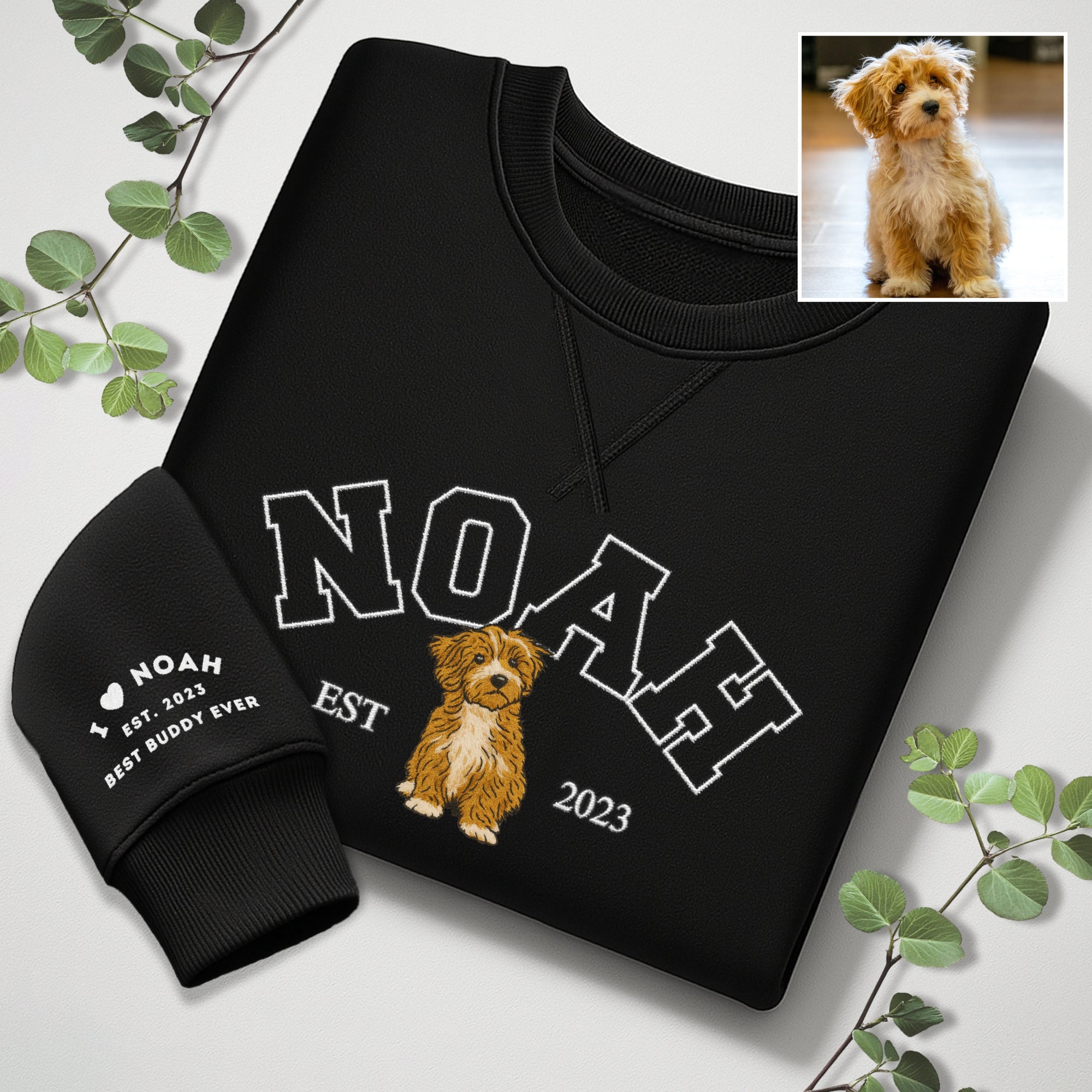 Custom Photo & Name Embroidered Pet Sweatshirt, Personalised Crewneck Jumper Oversize Dog, Cat Portrait Embroidery, Christmas Birthday Gift