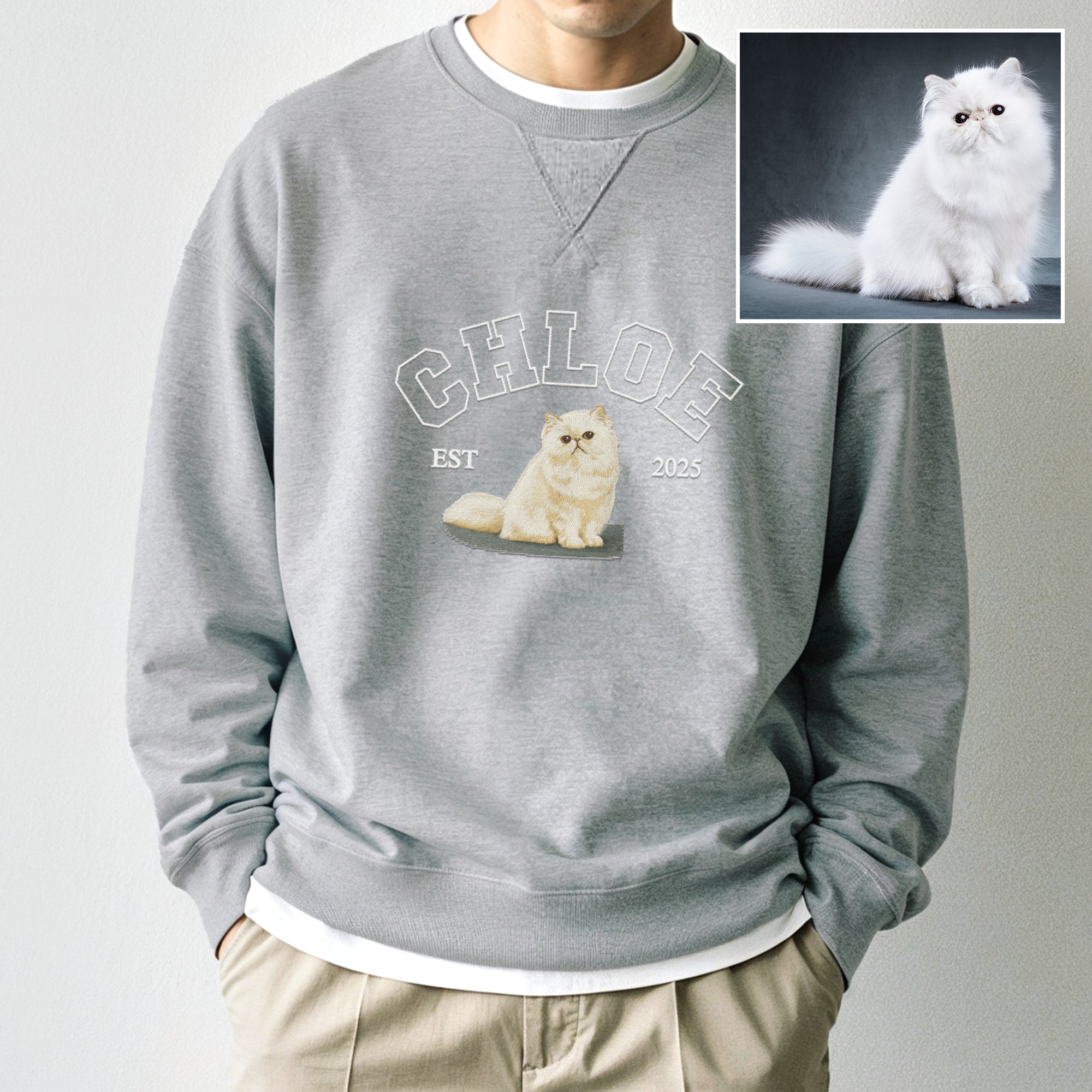 Custom Photo & Name Embroidered Pet Sweatshirt, Personalised Crewneck Jumper Oversize Dog, Cat Portrait Embroidery, Christmas Birthday Gift
