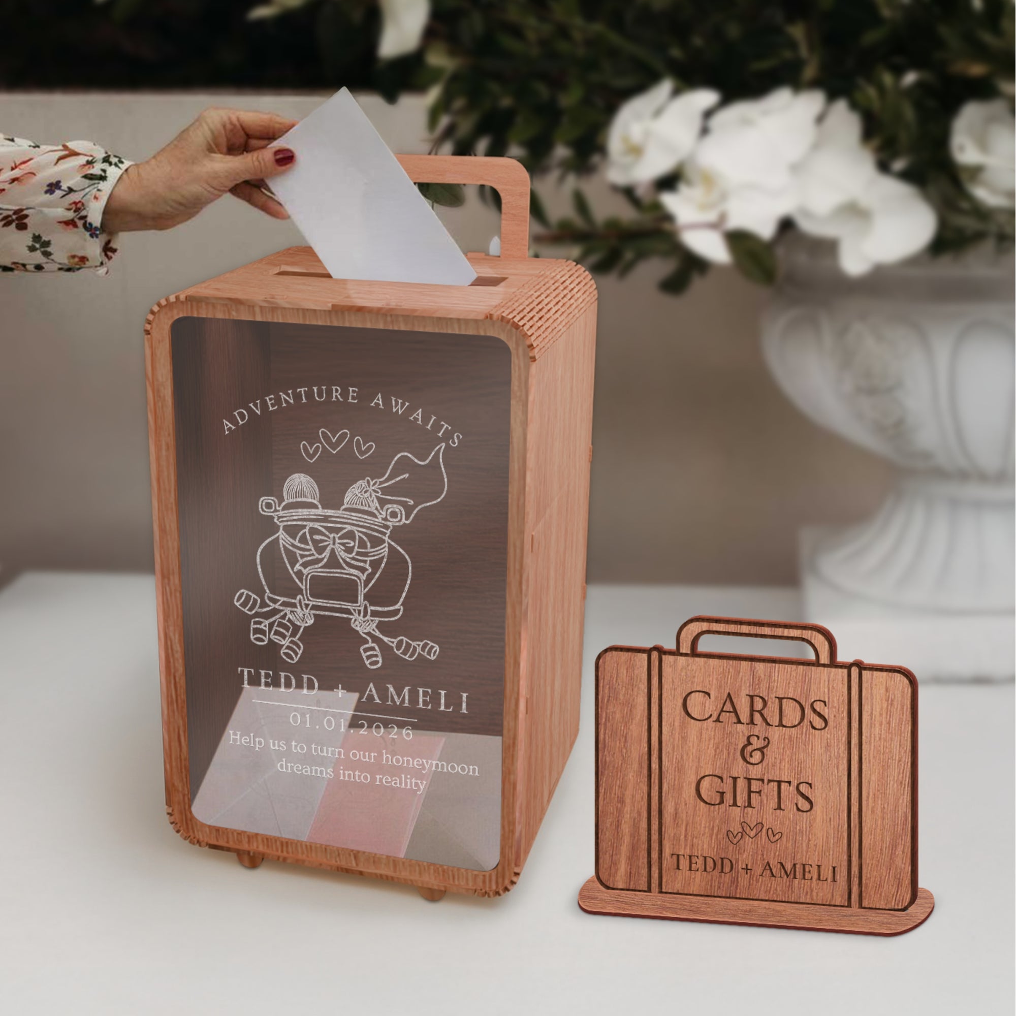 Custom Wood Travel Luggage Wishing Well Box &amp; Sign, Personalised Money Card Honeymoon/ Adventure Fund Envelope Wedding Storage Keepsake Gift