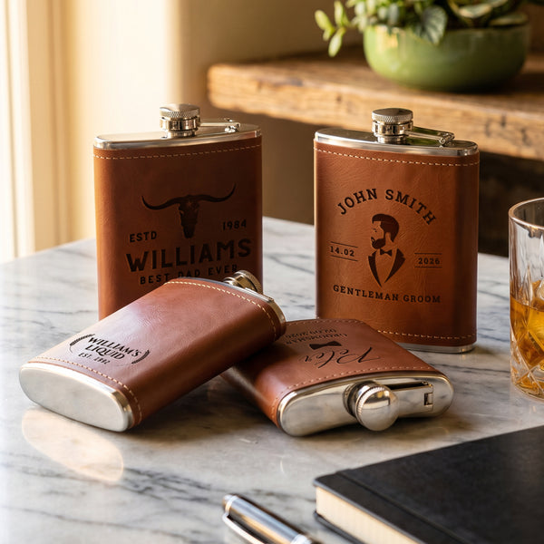 Custom Engraved Tan Leatherette & Stainless Steel Hip Flask