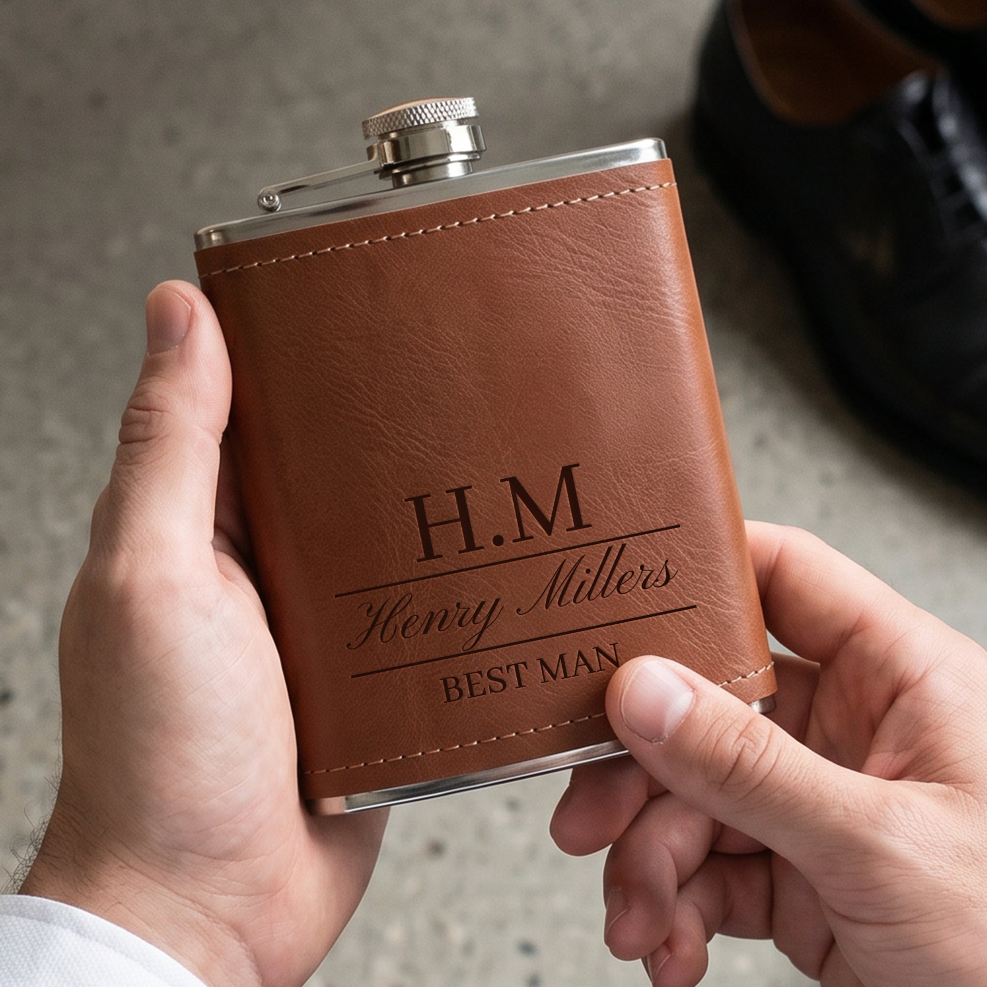 Custom engraved 7oz hip flask gift set, personalised in Australia with name or logo. Includes shot glasses, funnel &amp; keepsake box. Great for Bestman Proposals.