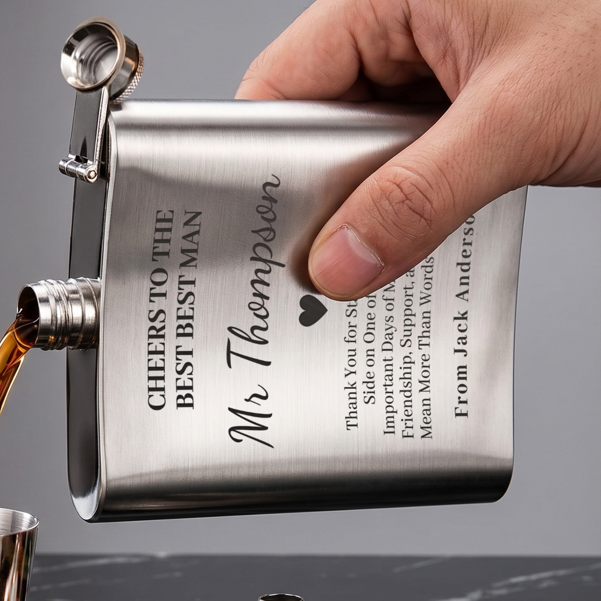 Custom engraved 7oz stainless steel hip flask, personalised with name, logo or message. Perfect Australian gift for groomsmen, Dad, weddings & corporate events.