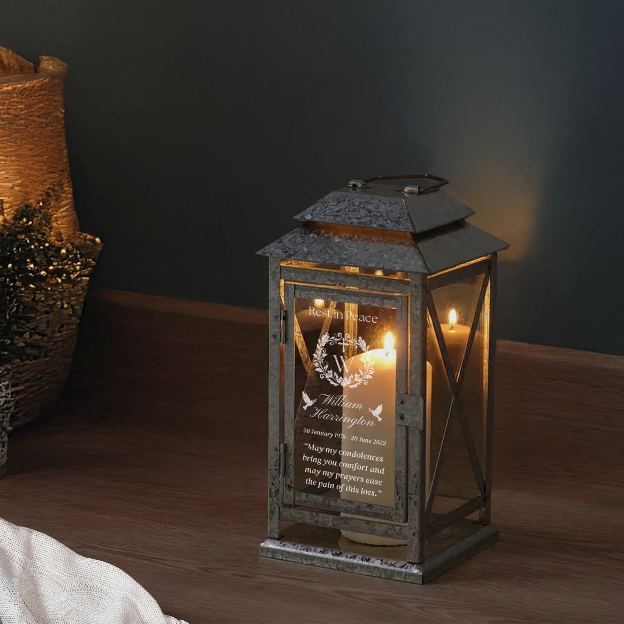 Custom Engraved Glass Rustic Galvanised Steel In Loving Memory Lantern, Personalised Memorial Message Sympathy Loss, Funeral Condolence Gift