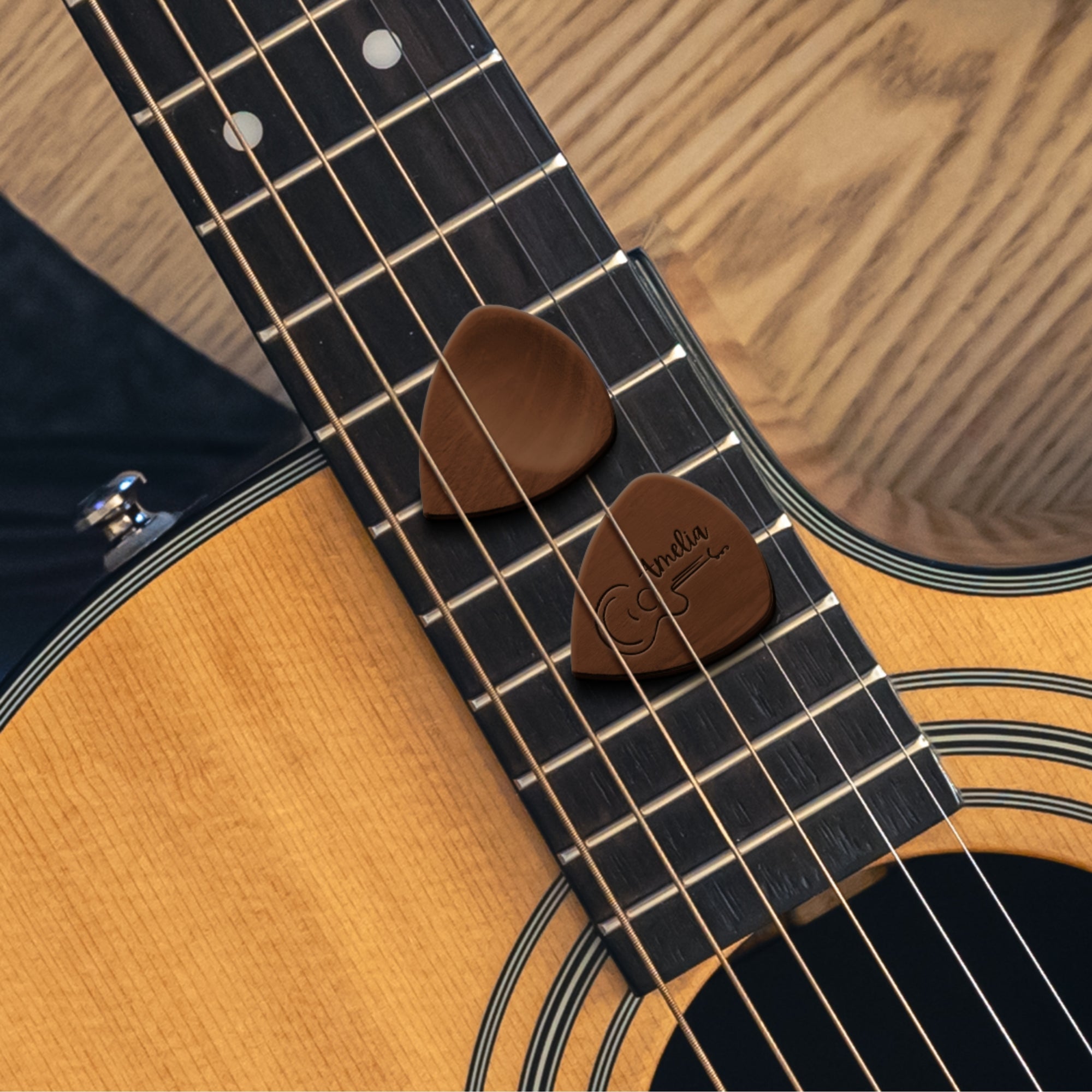 Custom Engraved Walnut Guitar Picks &amp; Engraved Keepsake Box Case Set, Personalised Logo Musicians, Teacher, Student, Wedding, Mom, Dad Gifts
