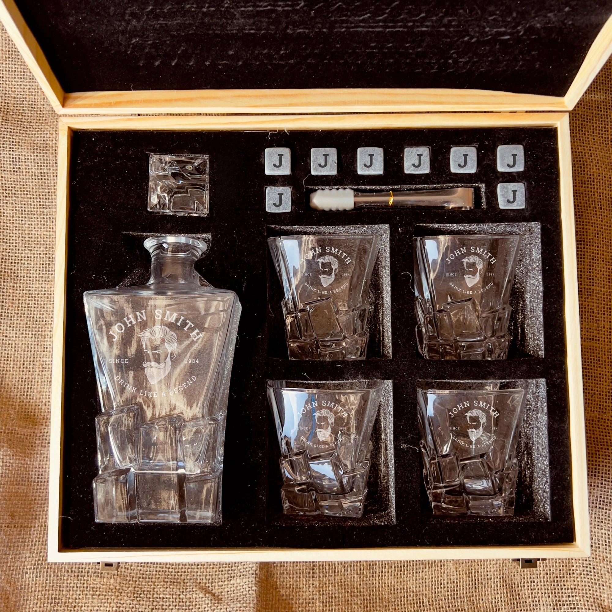 Personalised Wooden Boxed Whiskey Decanter Set, 4 Scotch Glasses, 6 Ice Stones & Tongs | Custom Engraved Groomsmen, Wedding, Whisky Bar Gift