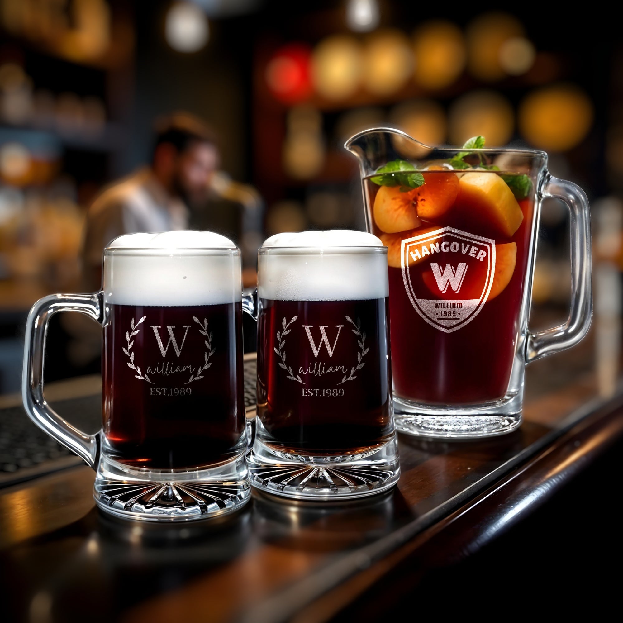 Personalised 1.8L Crystal Glass Pitcher &amp; 2 Tankard Beer Mugs, Custom Engraved Brewery Set, Beverage Jug Barware Set Dad Groomsman Xmas Gift