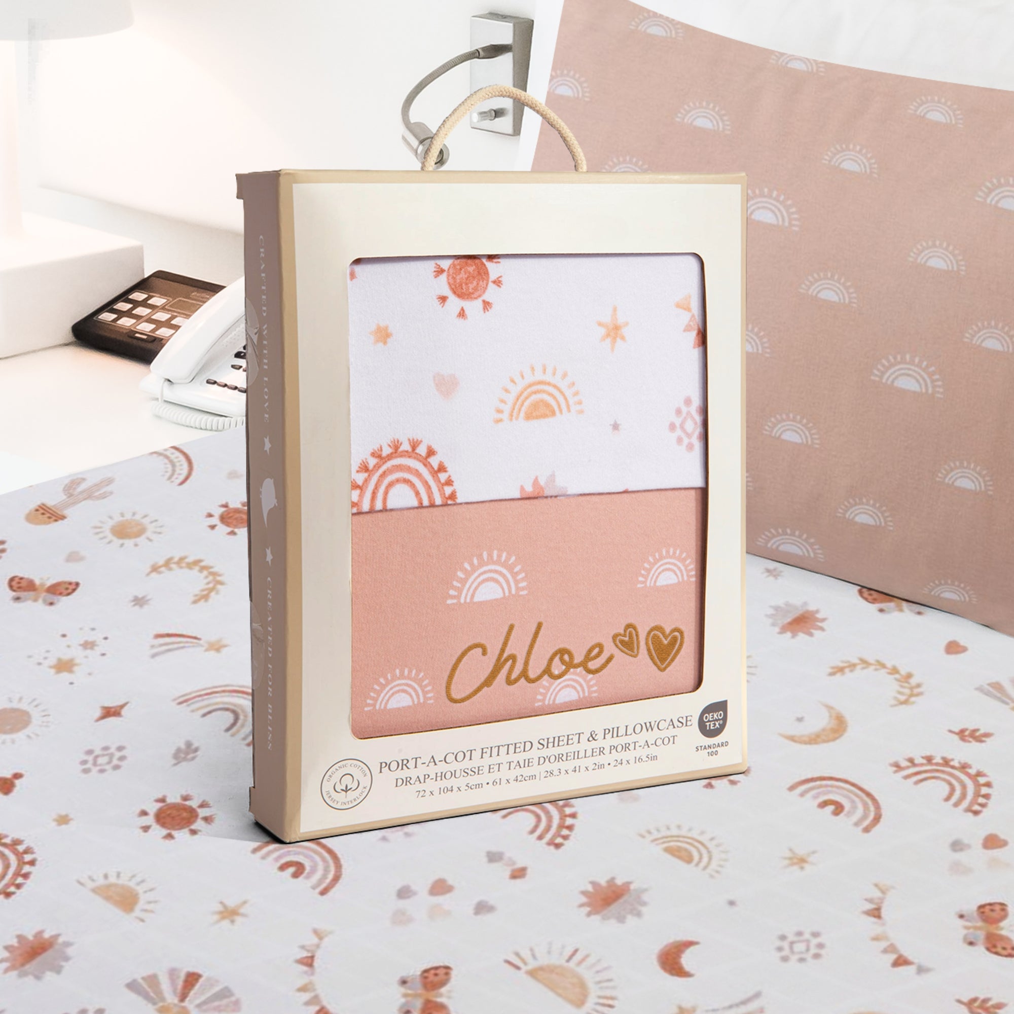 Custom Embroidered Organic Pillowcase &amp; Port-a-Cot Sheet Set, Personalised Infant Baby Girl Name Crib Sleep Cover, Christening Birthday Gift