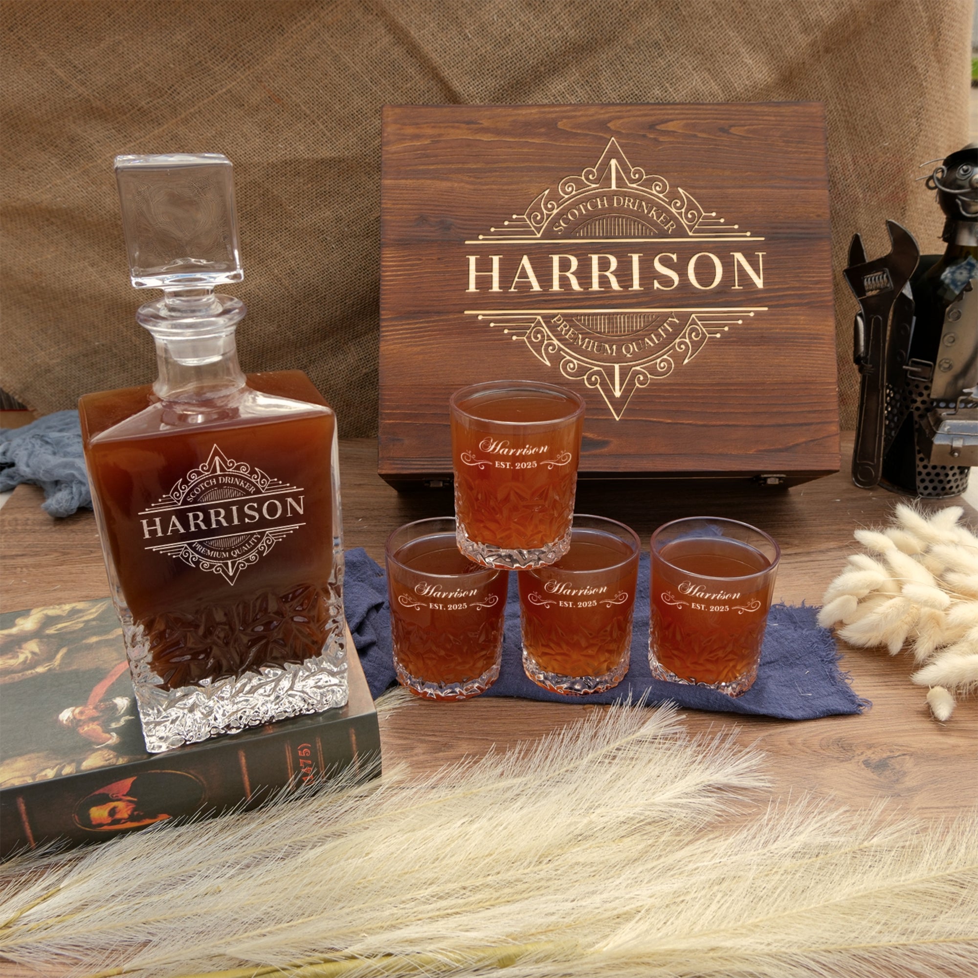 Custom Engraved Carving Old Fashion Whiskey Decanter Set, 4  Scotch Glasses & Wooden Box, Personalised Barware Dad, Groomsmen Corporate Gift