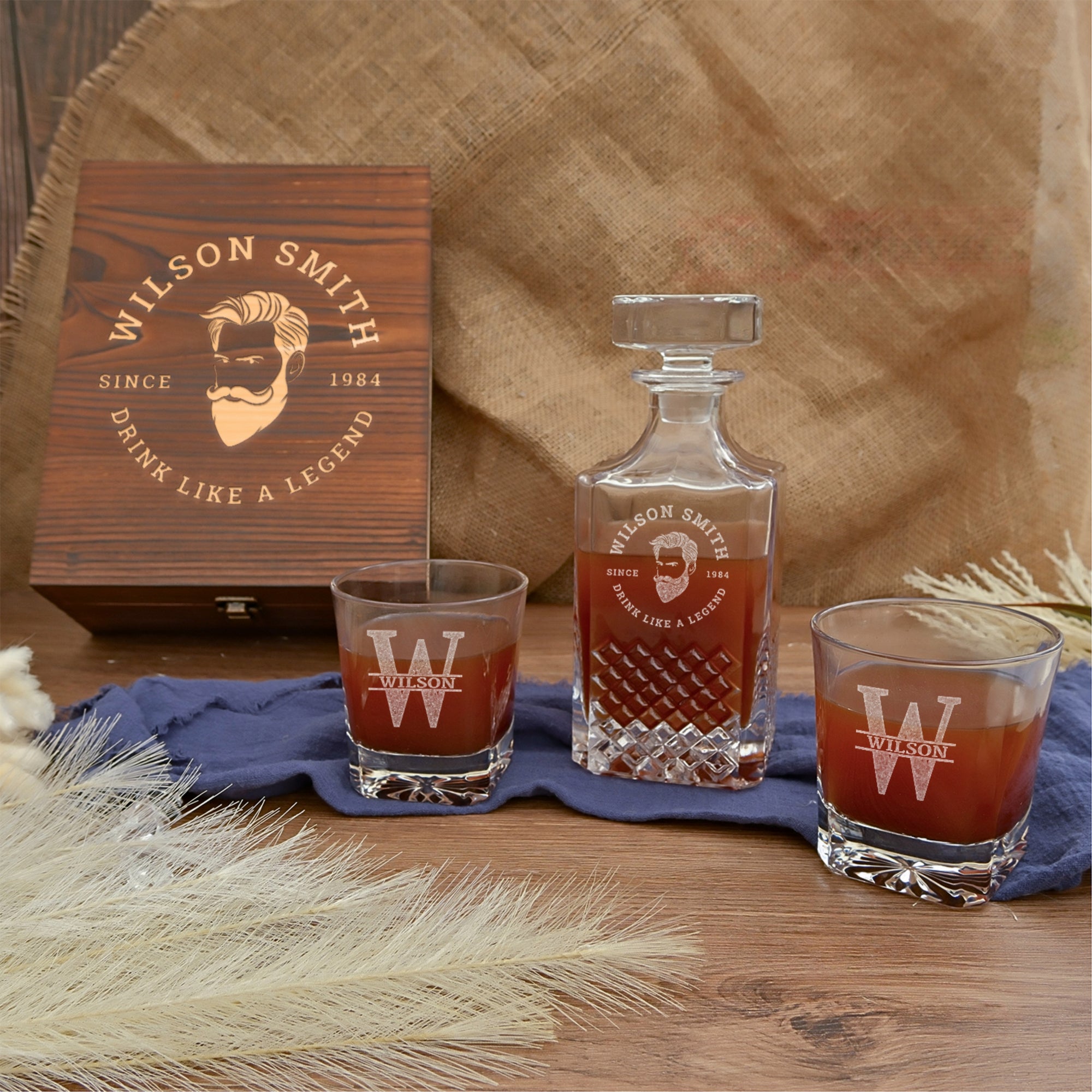 Engraved Diamond Whiskey Wooden Box - Square Decanter, 2 Scotch Glasses, Personalised Barware Set Dad, Groomsman, Retirement, Christmas Gift