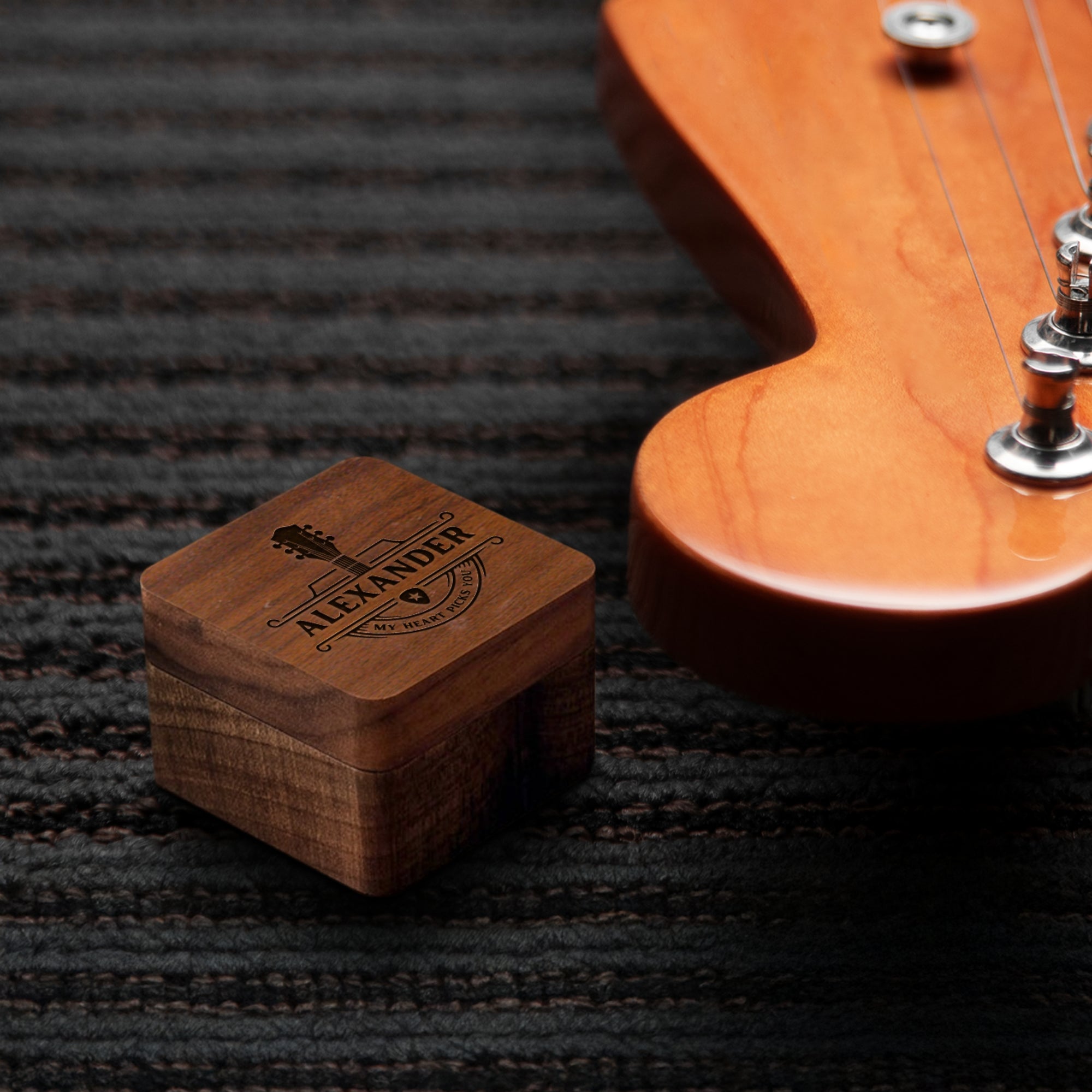 Custom Engraved Walnut Guitar Picks &amp; Engraved Keepsake Box Case Set, Personalised Logo Musicians, Teacher, Student, Wedding, Mom, Dad Gifts