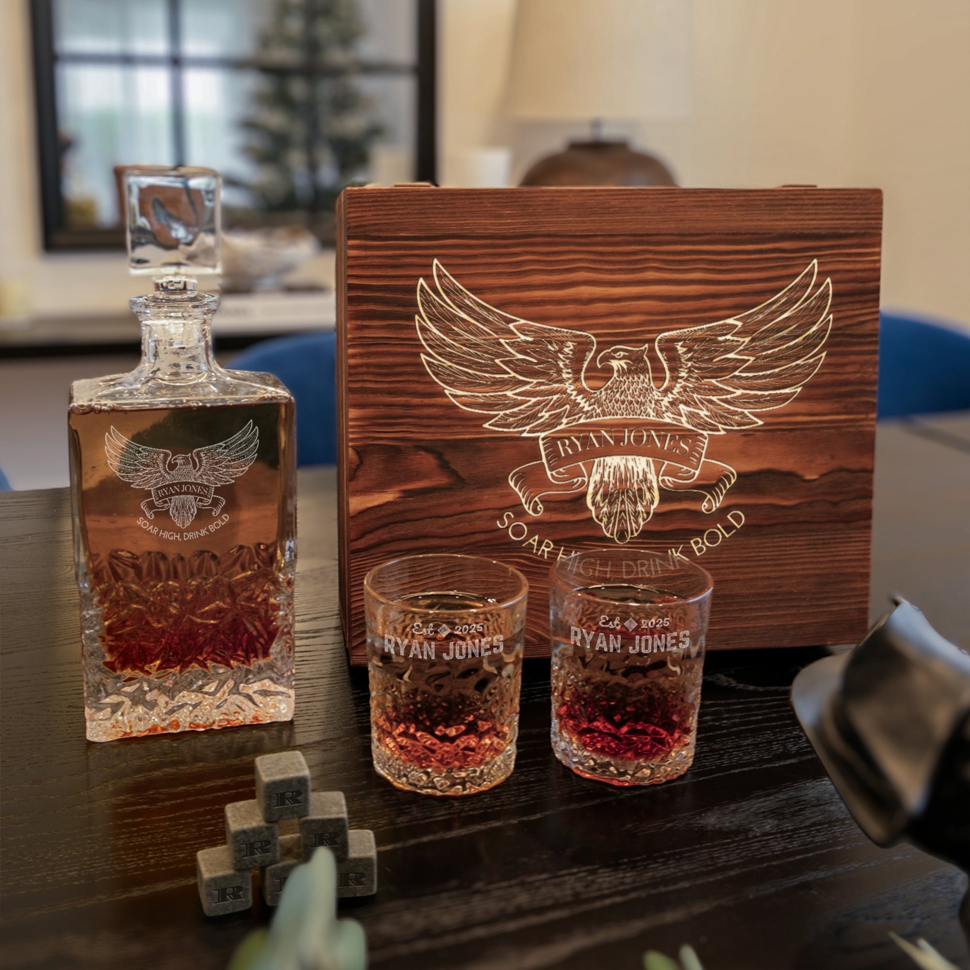 Engraved Whiskey Wooden Box Carving Old Fashion Decanter, 2 Scotch Glasses & 6 Ice Stones Personalised Barware Set, Groomsman, Dad Xmas Gift