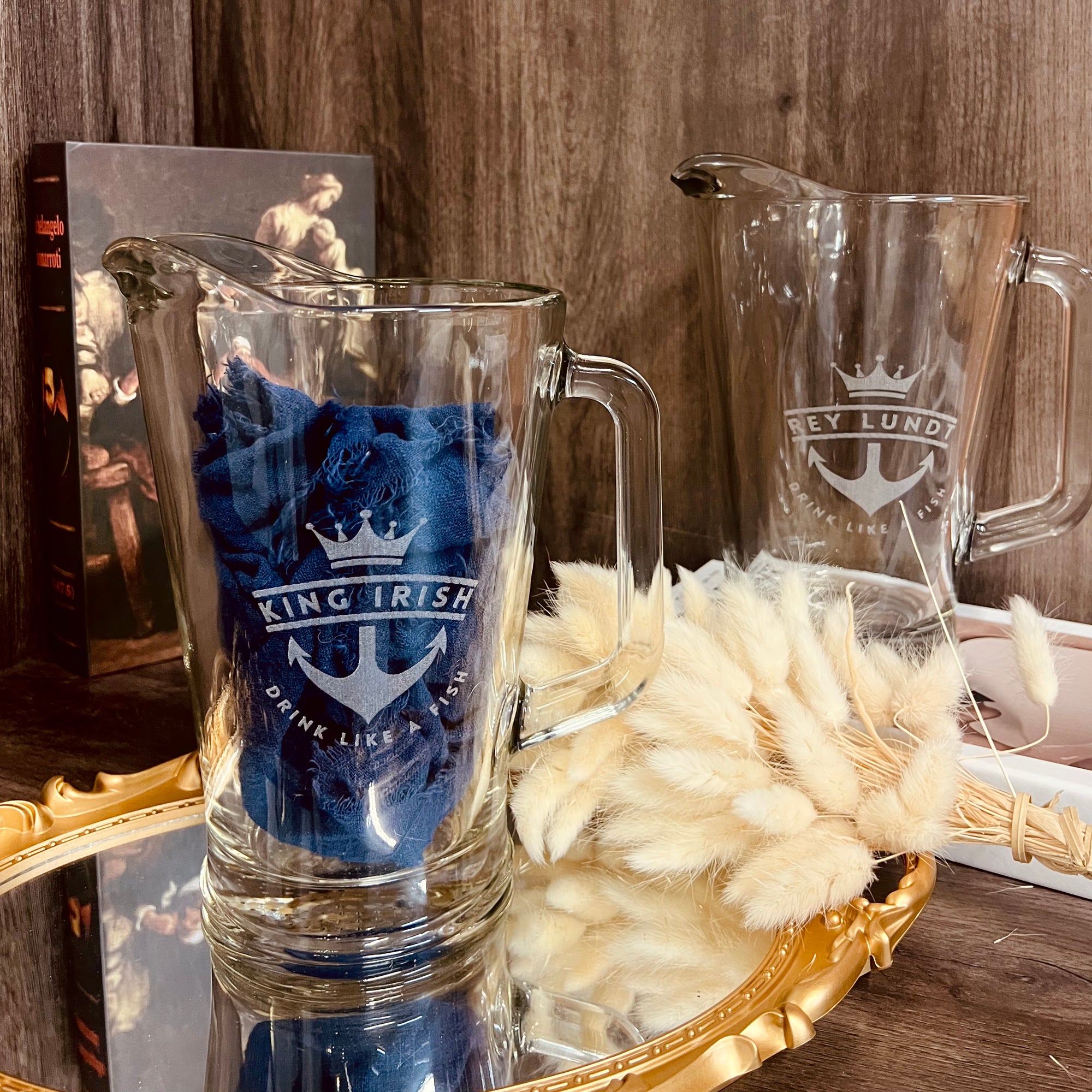 Custom Engraved 1.8L Crystal Glass Jug Beer Pitcher &amp; 2 Italia Tankard Glass Mugs Set