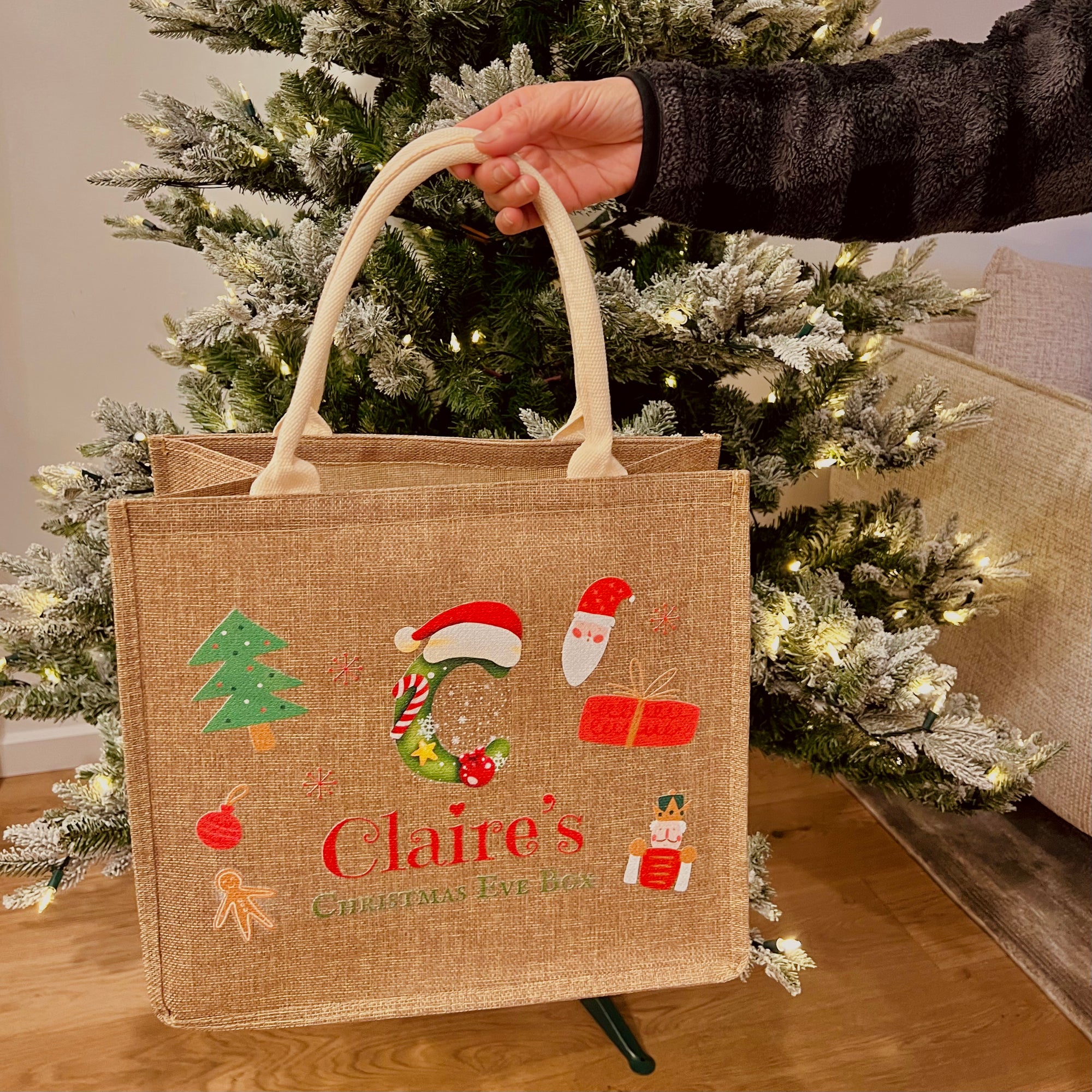 Personalised Christmas Eve Jute Bag Customised Merry Xmas Stamp Presents Burlap Tote Bag Kid Family Santa North Pole Delivery Gift Storage Yoonek Gifts