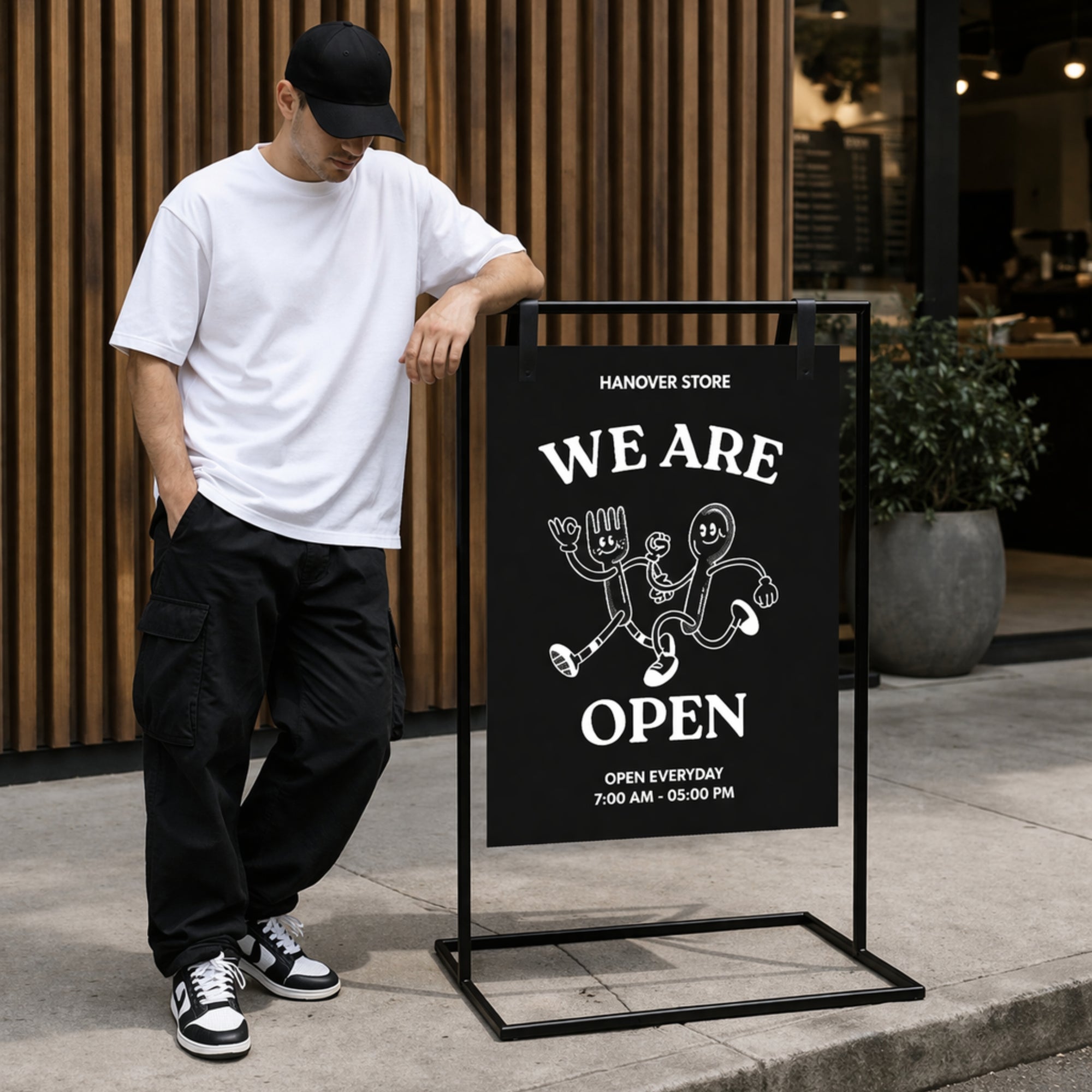 Metal Hanging Strap Swing Frame & Custom Print Aluminum A1 Panel, Outdoor Sidewalk Footpath Retail, Cafe, Restaurant Business Advertise Sign