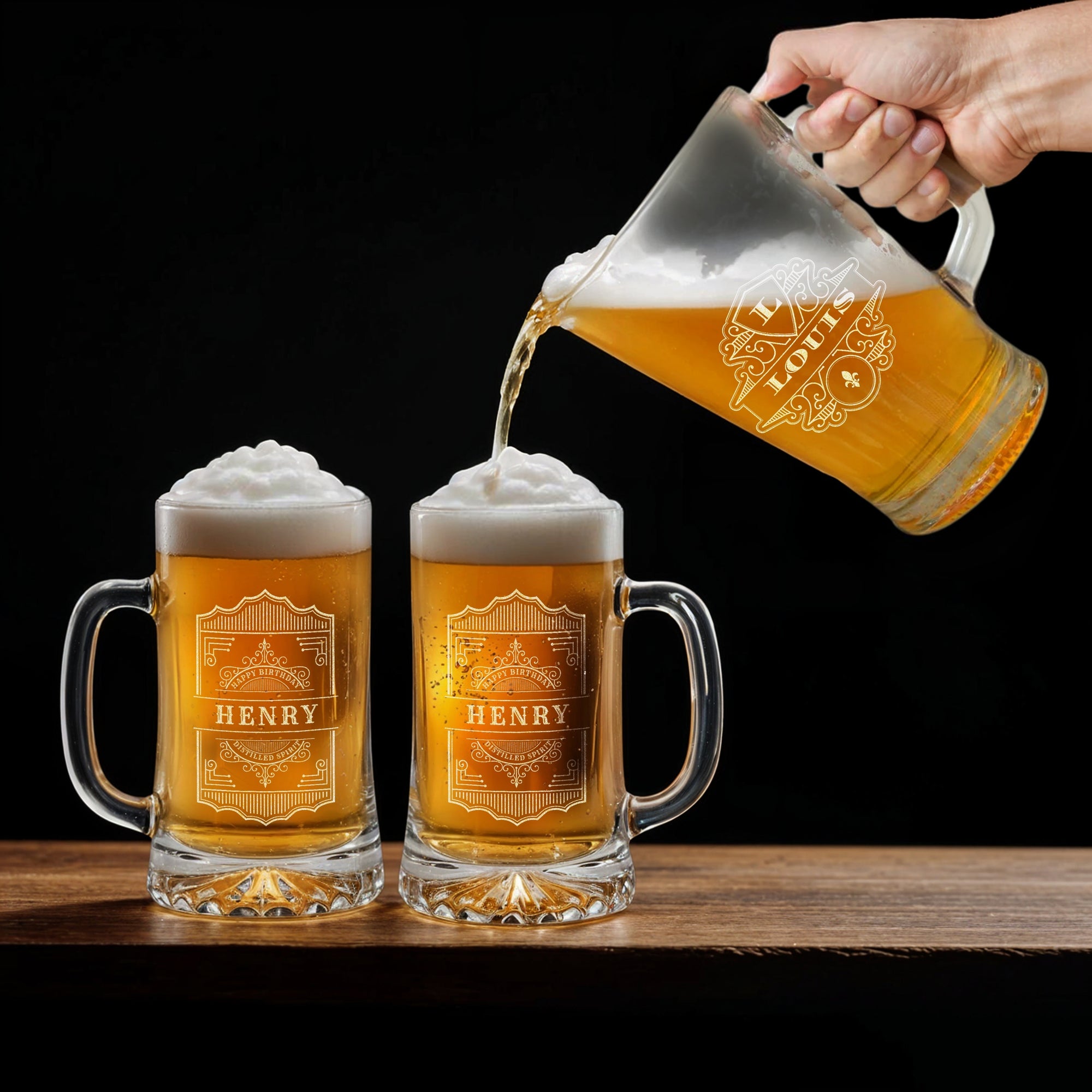Personalised 1.8L Crystal Glass Pitcher & 2 Tankard Beer Mugs, Custom Engraved Brewery Set, Beverage Jug Barware Set Dad Groomsman Xmas Gift