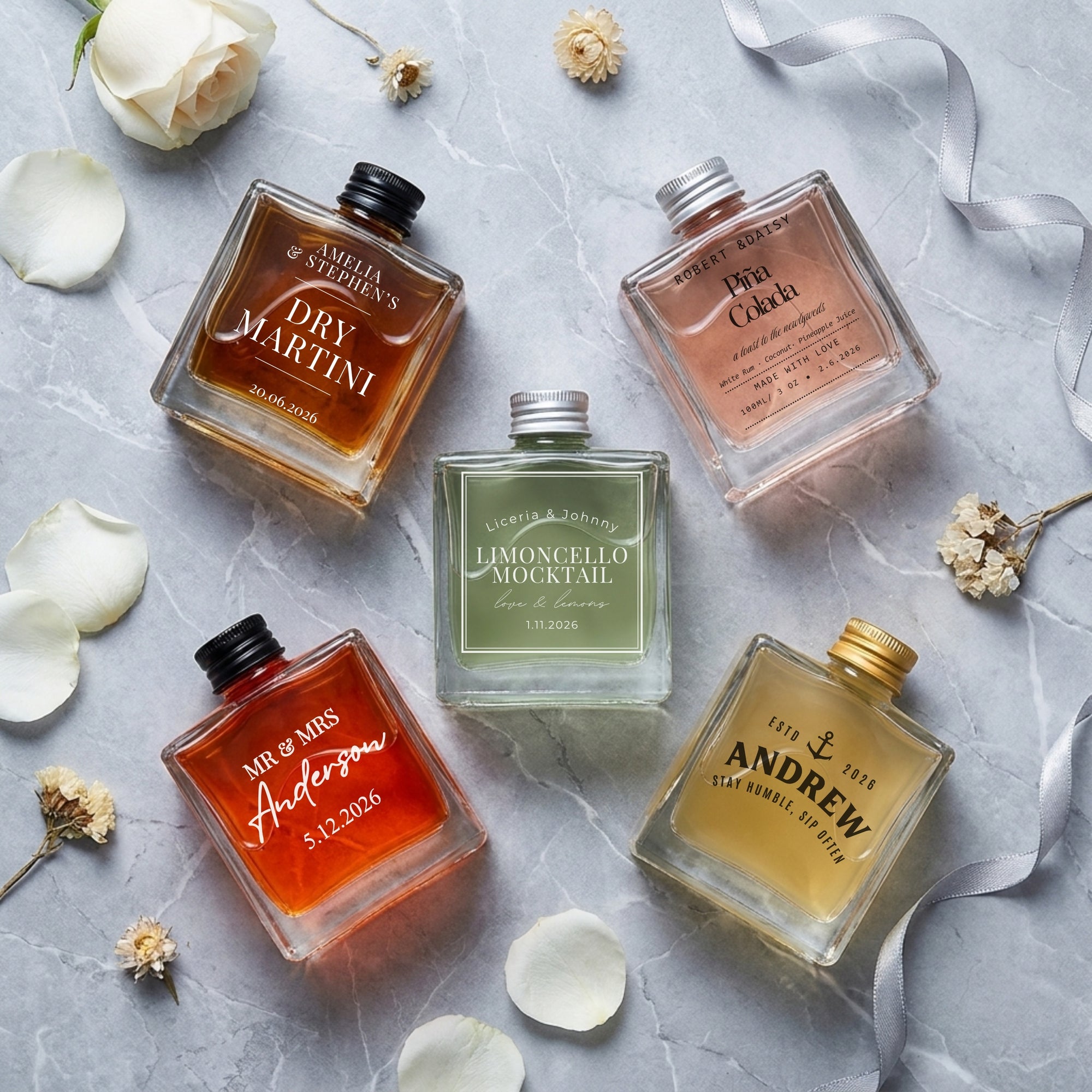 Personalised 100ml Square Clear Glass Mini Bottles, Custom Print Cocktai Shot Bonbonniere Wedding Favour Groomsmen Bridesmaid Corporate Gift