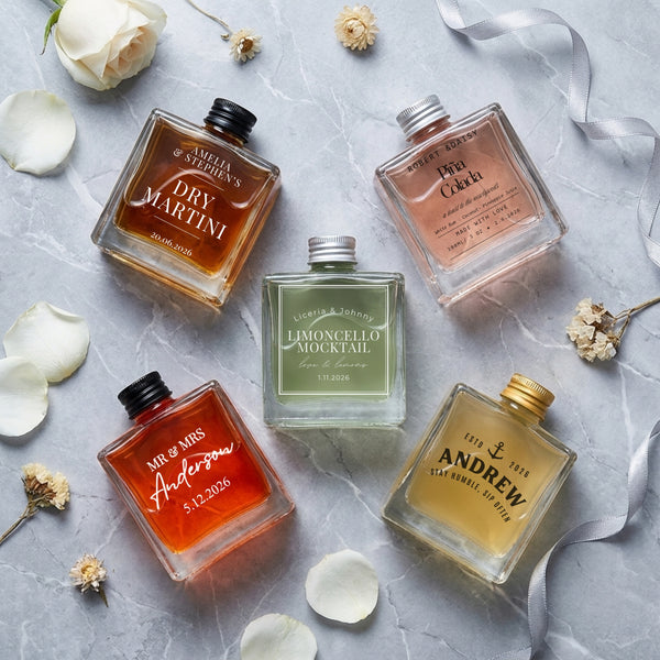 Personalised UV Printed 100ml Square Clear Glass Mini Bottles Wedding Party Favours