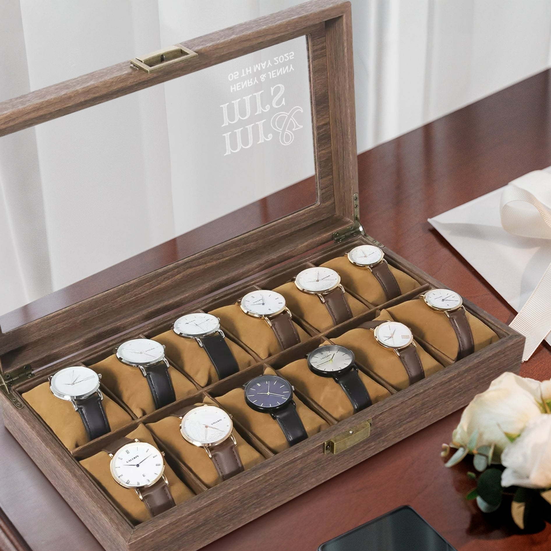 Personalised 3, 6, 10, 12 Slots Watch Display Wooden Case Box, Custom Engraved Men Accessories Storage, Groomsman Dad Mom Birthday Xmas Gift