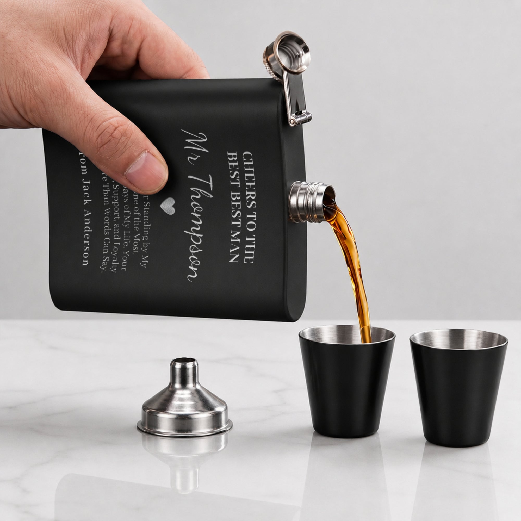Personalised 170ml Hip Flask Set - Shot Glasses, Funnel &amp; Free box. Custom Etched Groomsmen, Wedding, Dad Birthday, Xmas Logo Corporate Gift