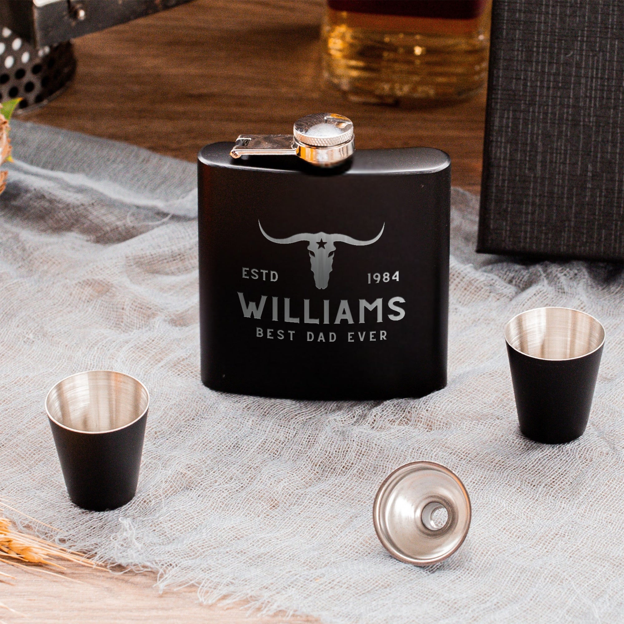 Personalised 170ml Hip Flask Set - Shot Glasses, Funnel &amp; Free box. Custom Etched Groomsmen, Wedding, Dad Birthday, Xmas Logo Corporate Gift