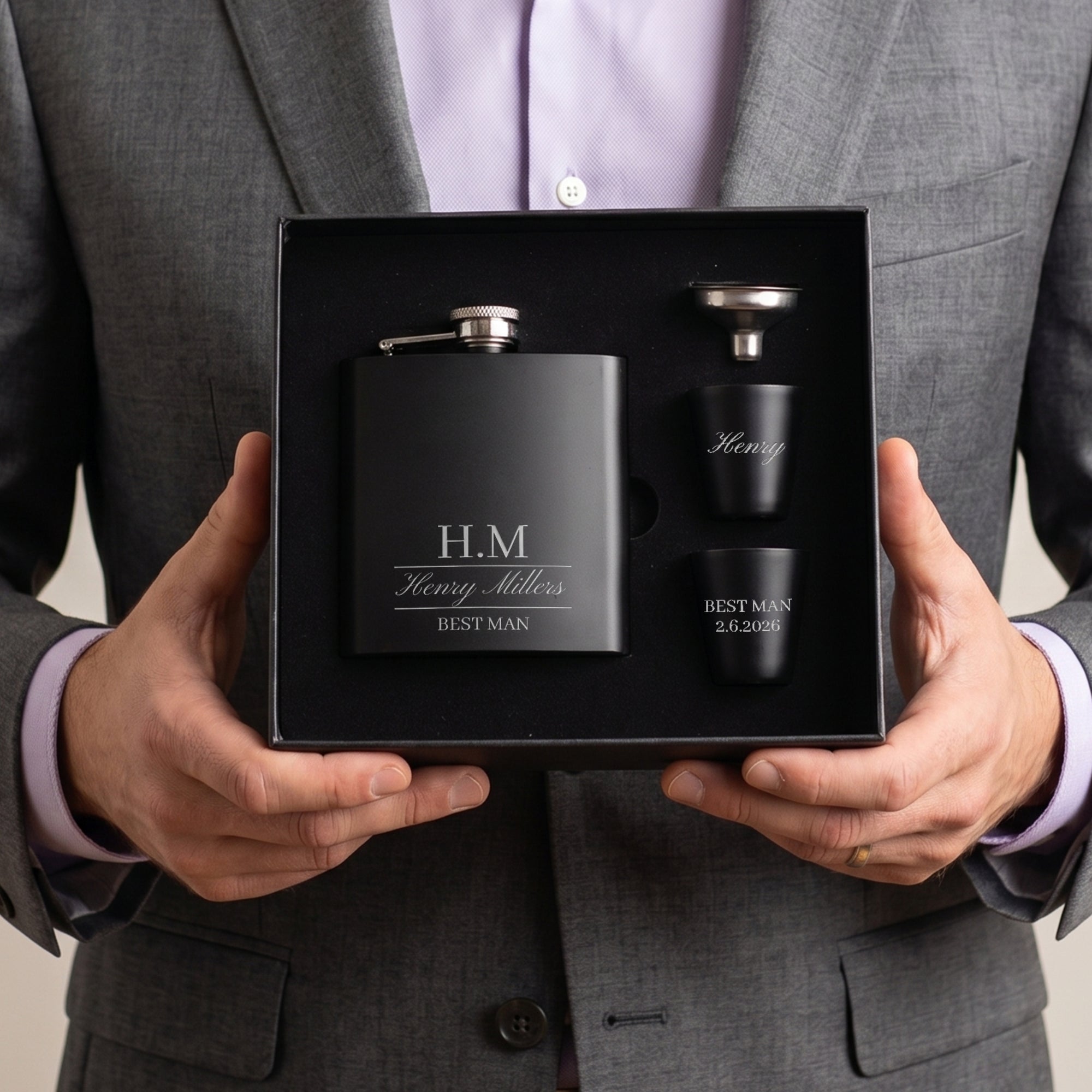 Personalised 170ml Hip Flask Set - Shot Glasses, Funnel &amp; Free box. Custom Etched Groomsmen, Wedding, Dad Birthday, Xmas Logo Corporate Gift