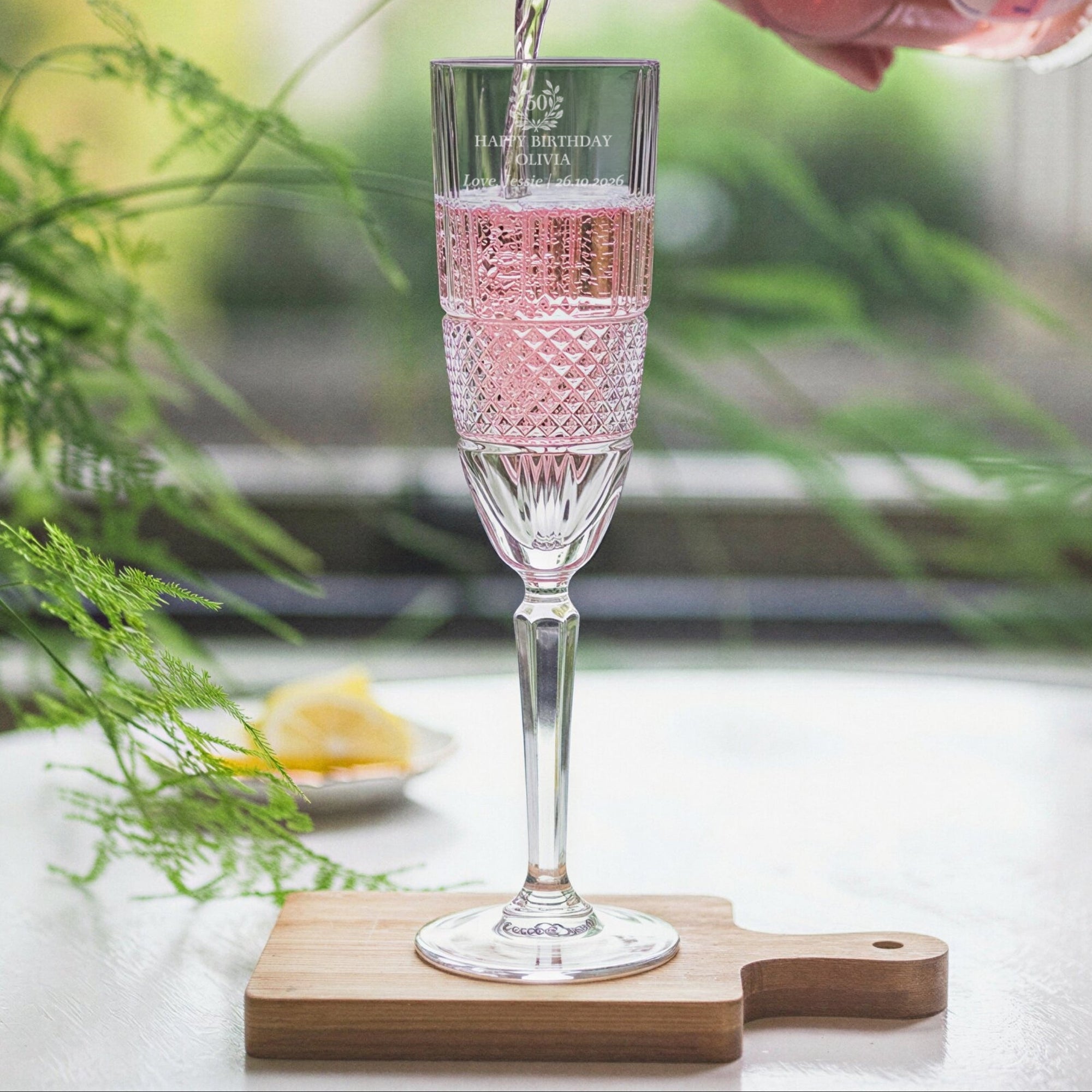Personalised 190ml Italian Crystal Champagne Goblet Diamond Cut Glass, Custom Engraved Flute RCR Glassware/Barware, Birthday, Wedding Gift