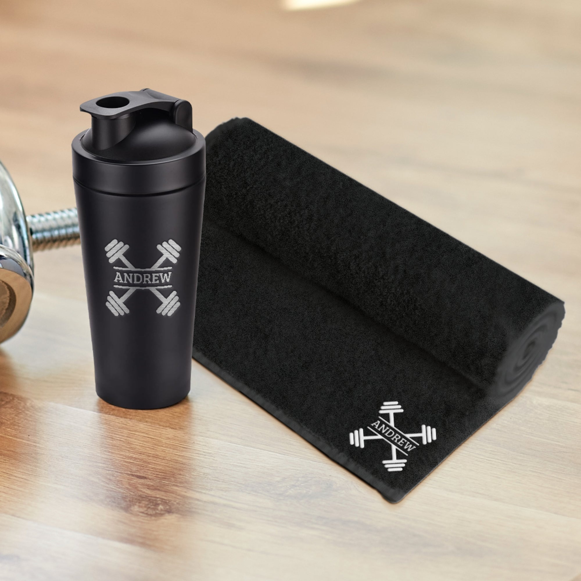 Personalised 25oz Black Metal Protein Shaker &amp; Embroidery Gym Towel Set, Custom Name Logo Fitness, Travel, Sport, Birthday, Corporate Gift