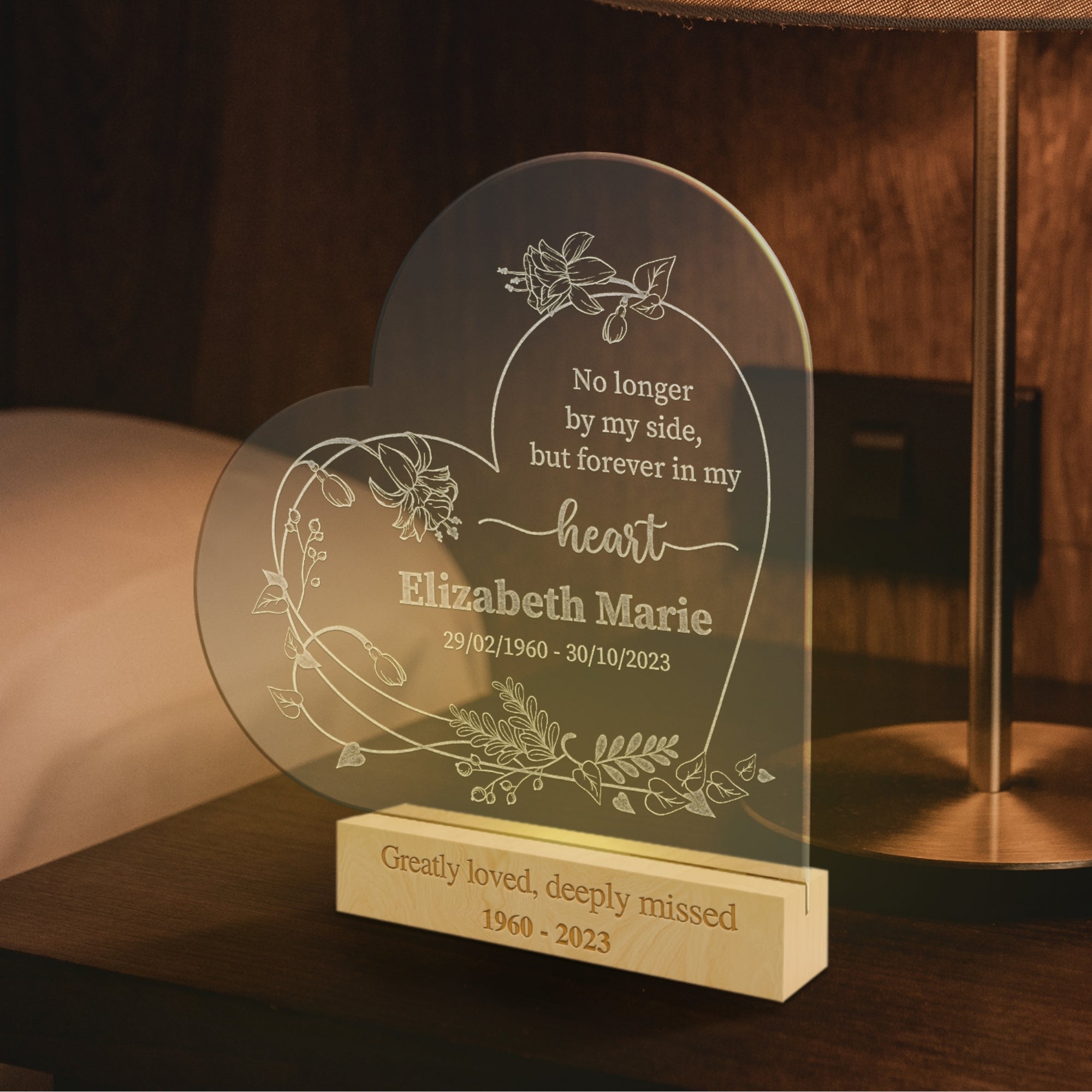 Personalised 3D Acrylic Wooden Memorial LED, Custom Engraved In Loving Memory Lamp, Laser Cut Tribute Remembrance, Sympathy Condolence Gift