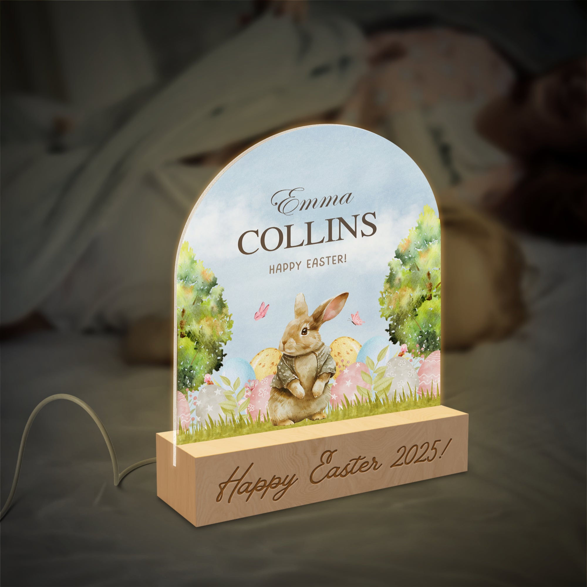Personalised 3D Bunny Kid LED Night Light, Custom Baby Name & Rabbit Wood Acrylic Print Table Lamp, First Birthday, Nursery, Kid Easter Gift