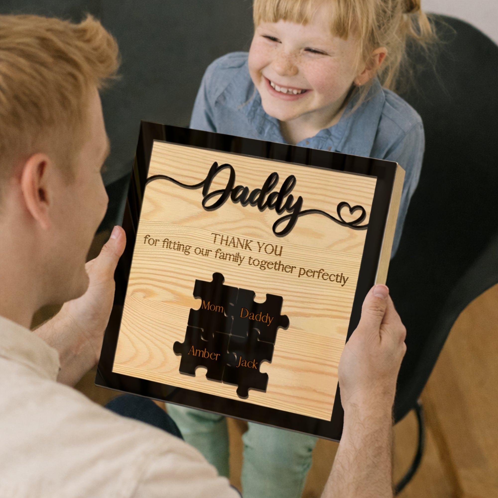 Personalised 3D Dad Puzzle Pieces on Engraved Wooden Block Sign, Birthday, Father's Day Gift, Daddy, Grandpa Grandad, Family Memory Keepsake