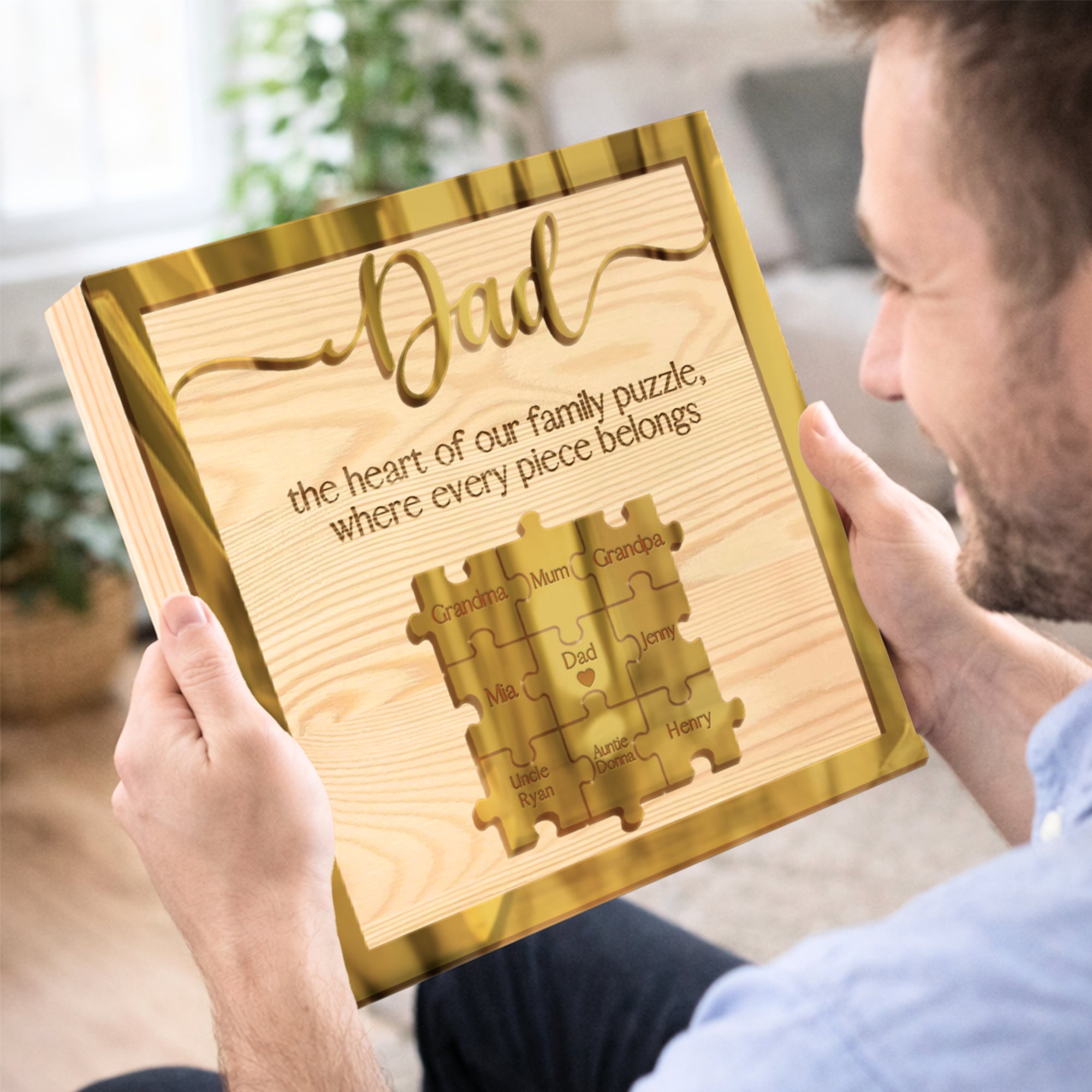 Personalised 3D Dad Puzzle Pieces on Engraved Wooden Block Sign, Birthday, Father's Day Gift, Daddy, Grandpa Grandad, Family Memory Keepsake