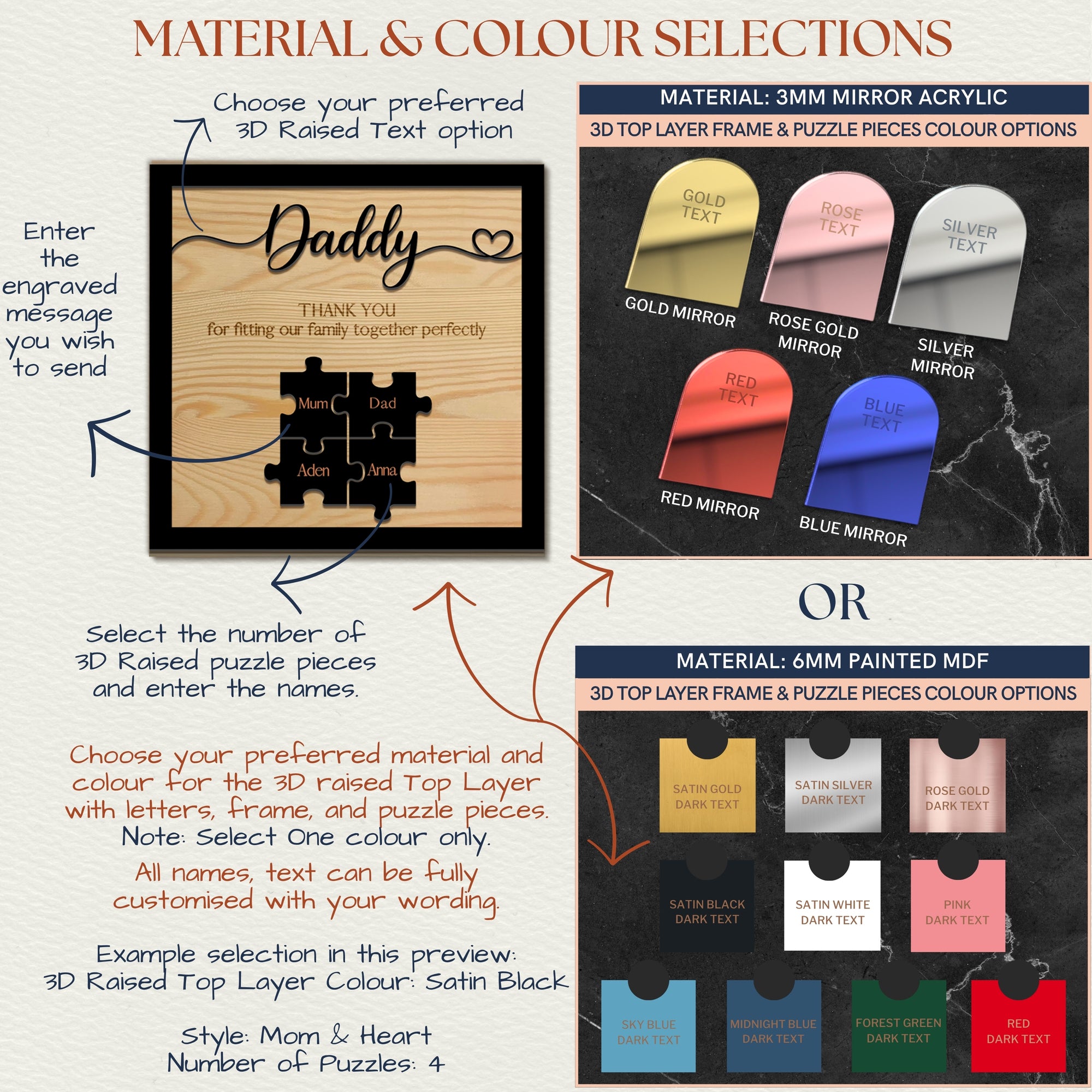 Personalised 3D Dad Puzzle Pieces on Engraved Wooden Block Sign, Birthday, Father's Day Gift, Daddy, Grandpa Grandad, Family Memory Keepsake