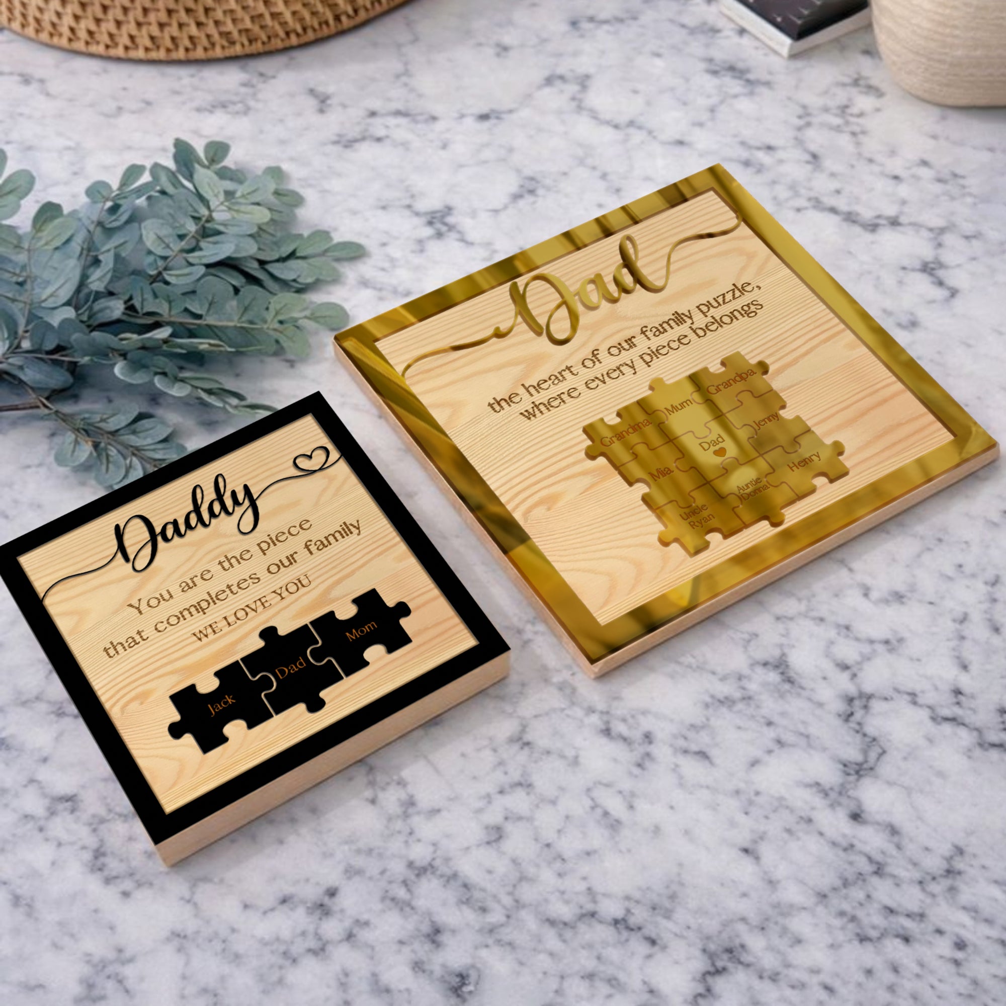Personalised 3D Dad Puzzle Pieces on Engraved Wooden Block Sign, Birthday, Father's Day Gift, Daddy, Grandpa Grandad, Family Memory Keepsake