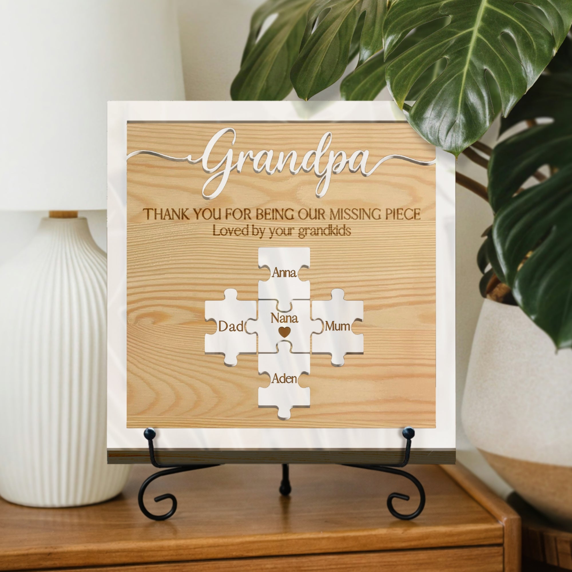 Personalised 3D Dad Puzzle Pieces on Engraved Wooden Block Sign, Birthday, Father's Day Gift, Daddy, Grandpa Grandad, Family Memory Keepsake