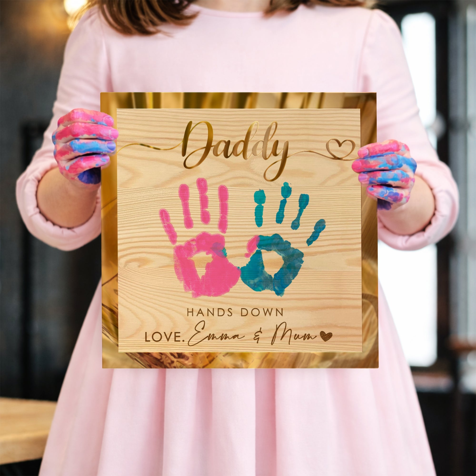 Personalised 3D “Hands Down” Dad Handprint on Engraved Wooden Block Sign, Father's Day Gift, Daddy Birthday Plaque, Grandad Memory Keepsake