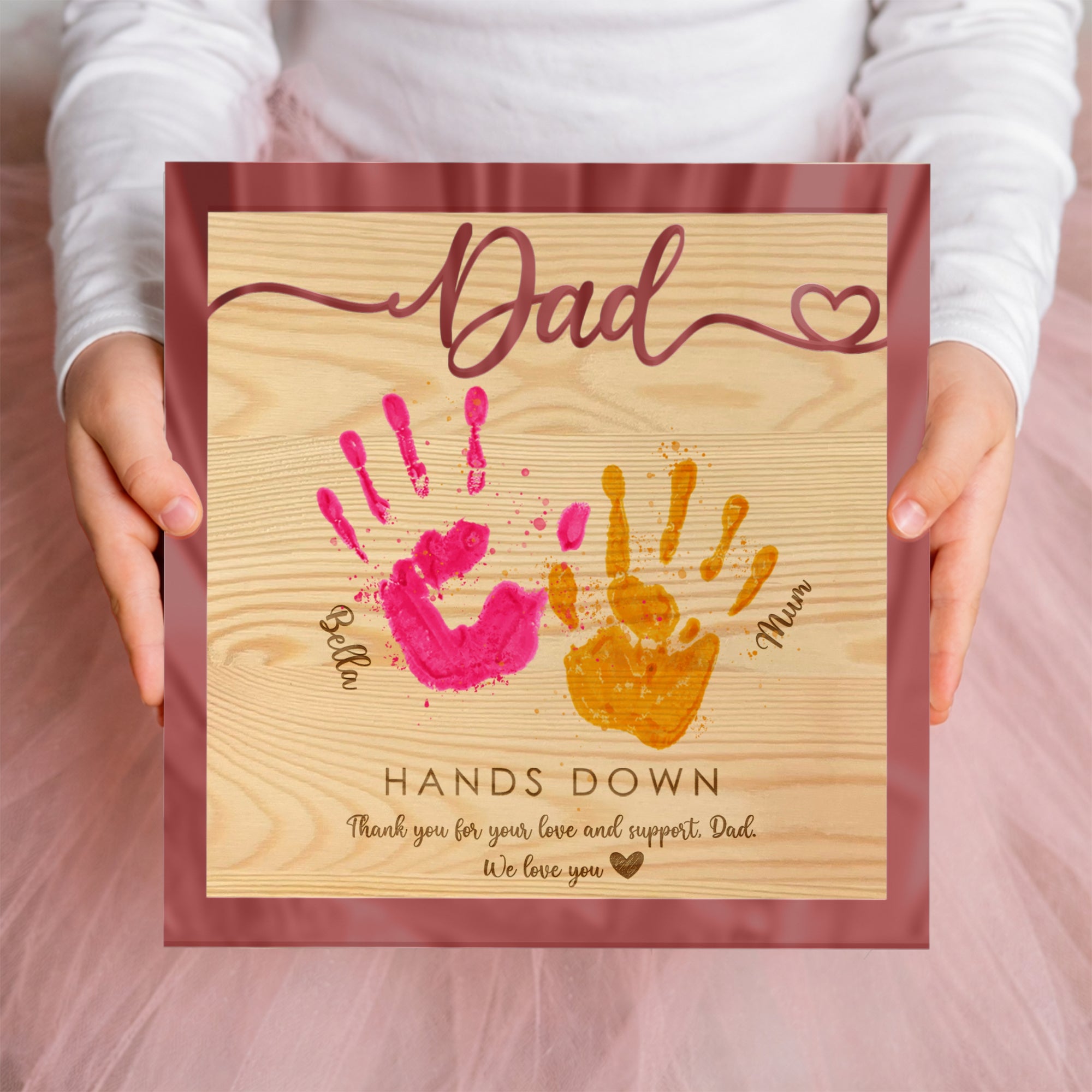 Personalised 3D “Hands Down” Dad Handprint on Engraved Wooden Block Sign, Father's Day Gift, Daddy Birthday Plaque, Grandad Memory Keepsake