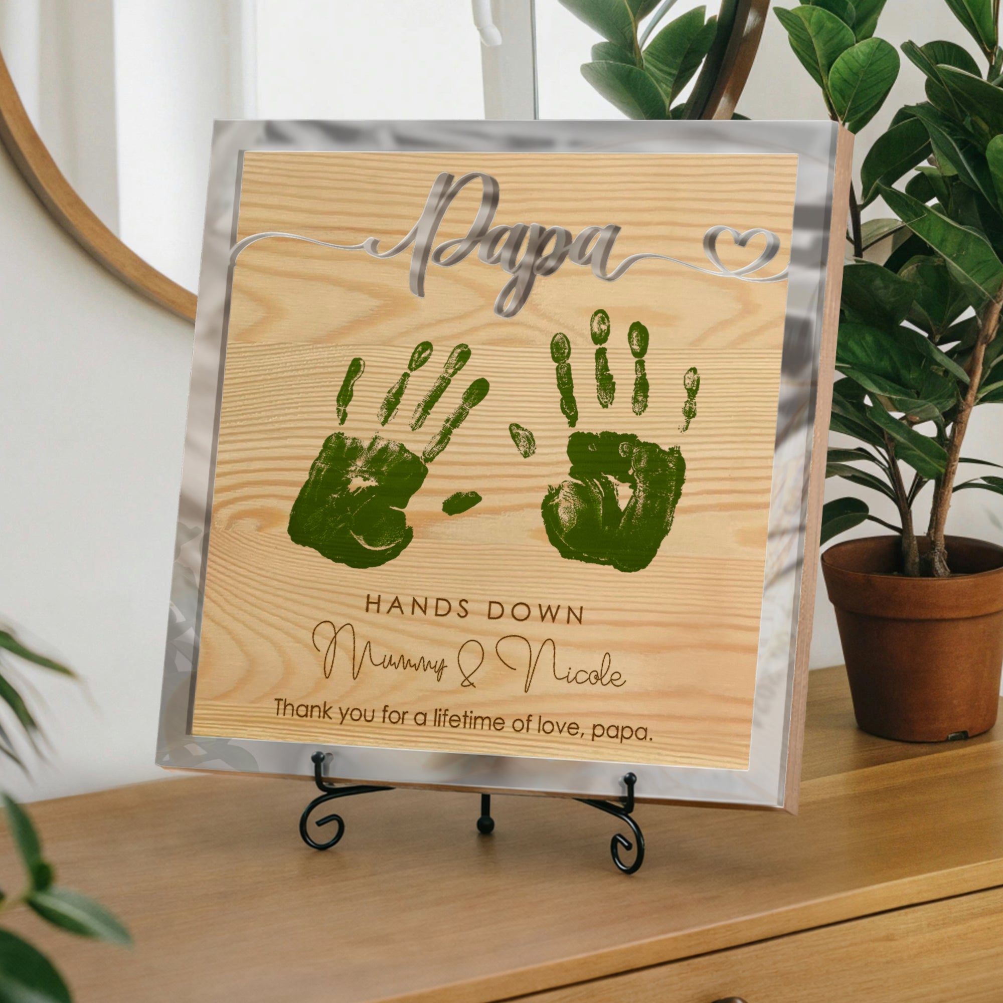 Personalised 3D “Hands Down” Dad Handprint on Engraved Wooden Block Sign, Father's Day Gift, Daddy Birthday Plaque, Grandad Memory Keepsake